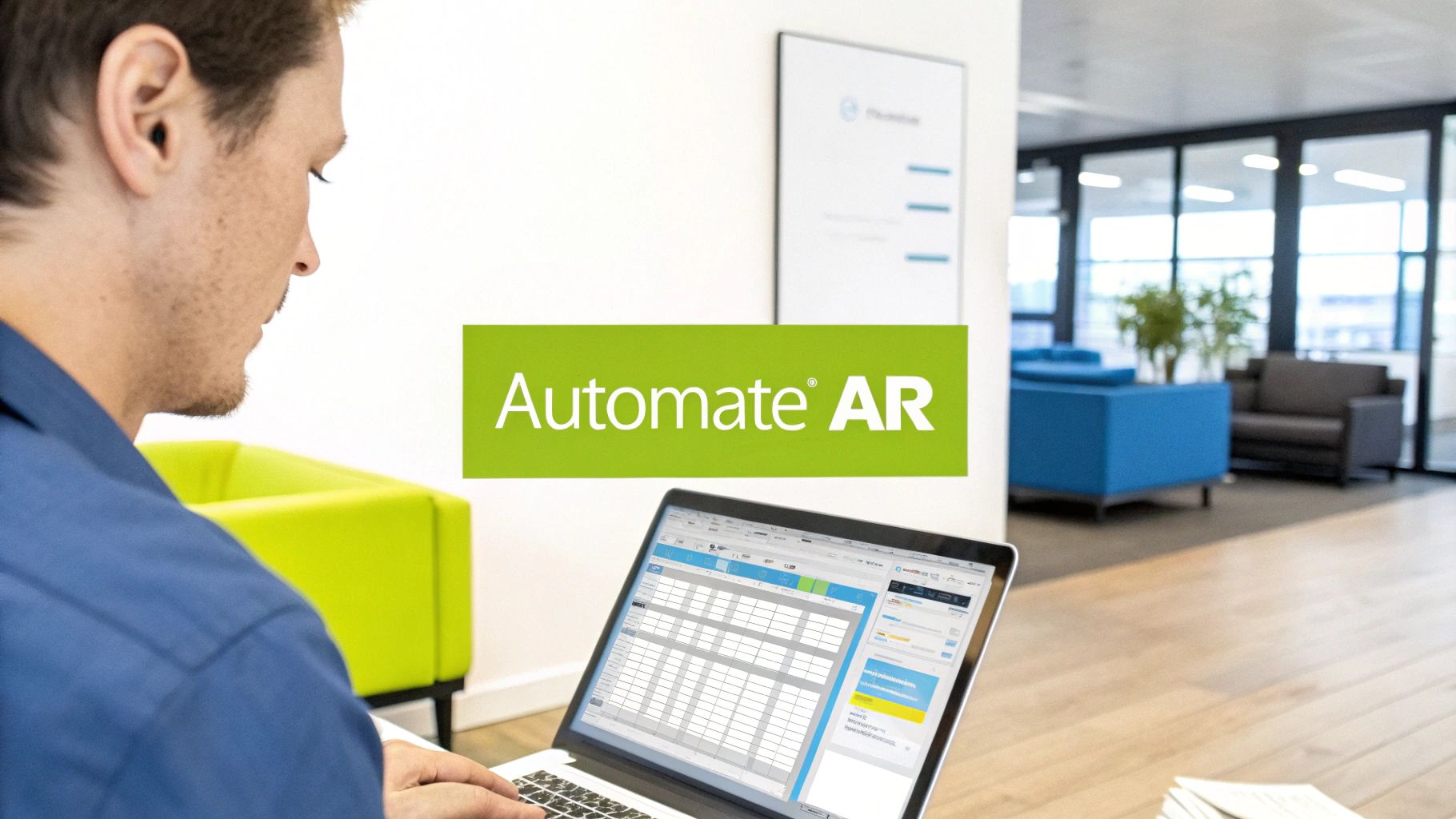 Professional working on a laptop displaying 'Automate AR' accounts receivable software in a modern office.