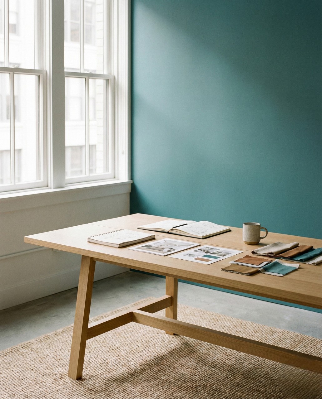 Minimalist room with a wooden table against a teal wall. Table holds notebooks, fabric swatches, and a mug near a sunlit window, creating a calm ambiance.