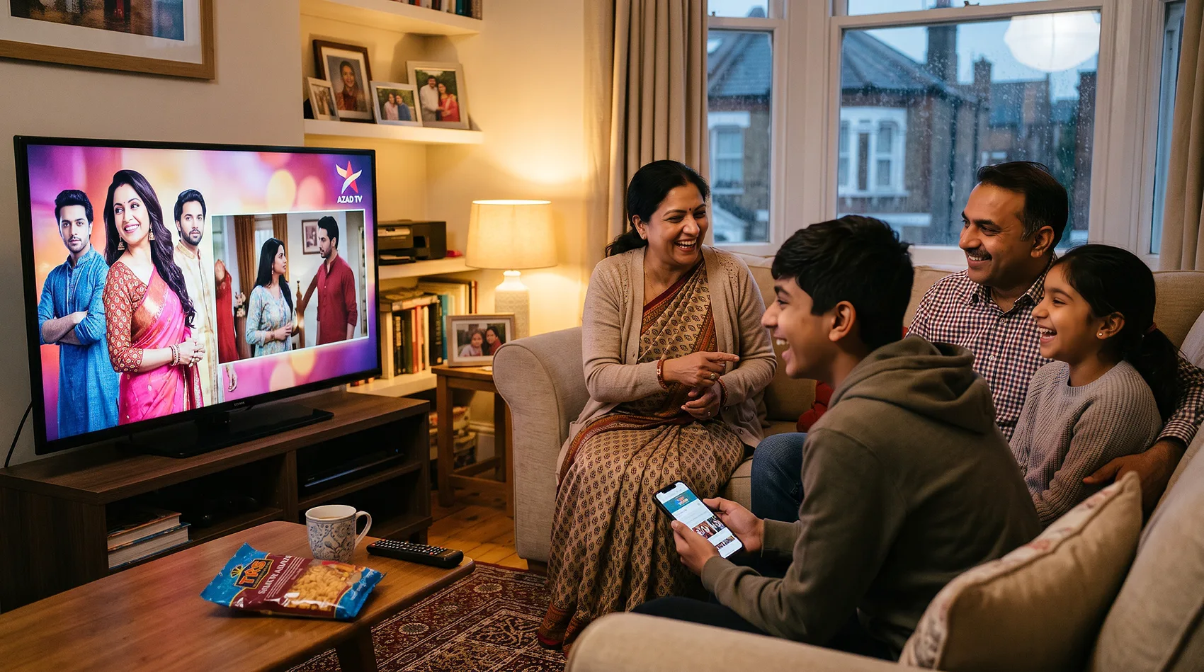 South Asian British family laughing watching AZAD TV ethnic drama together in cozy London living room - ethnic TV engagement