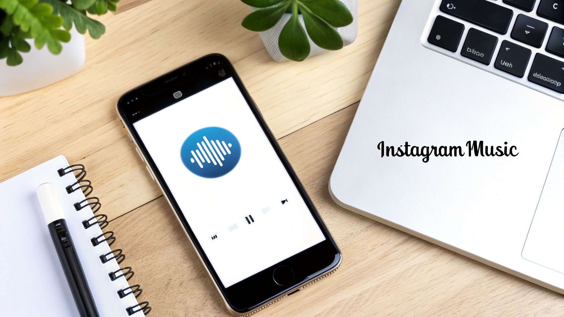 A smartphone displaying a music app and a laptop with 'Instagram Music' on a wooden desk.