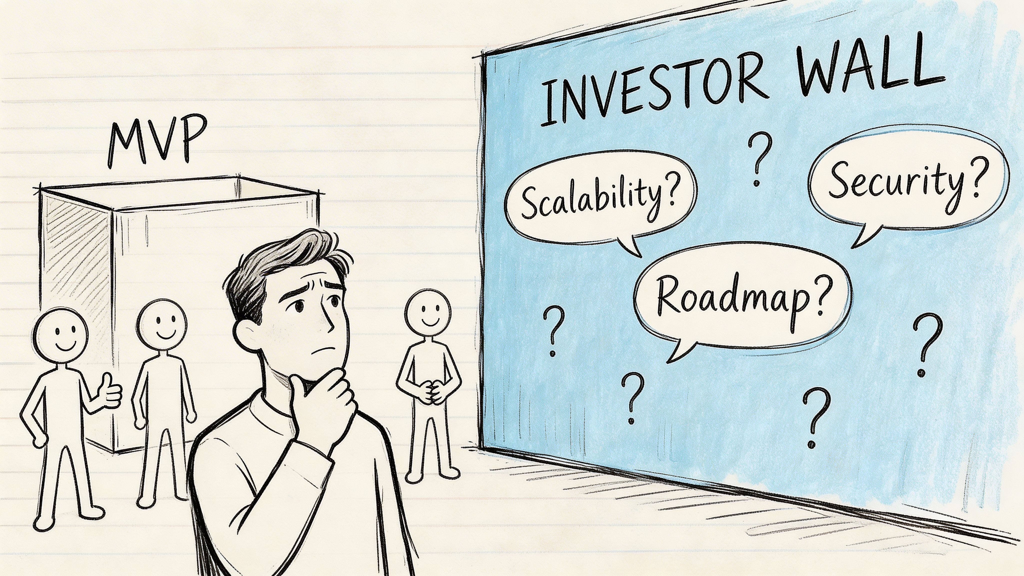 A man looking thoughtfully at an Investor Wall with questions about scalability, security, and a future roadmap.