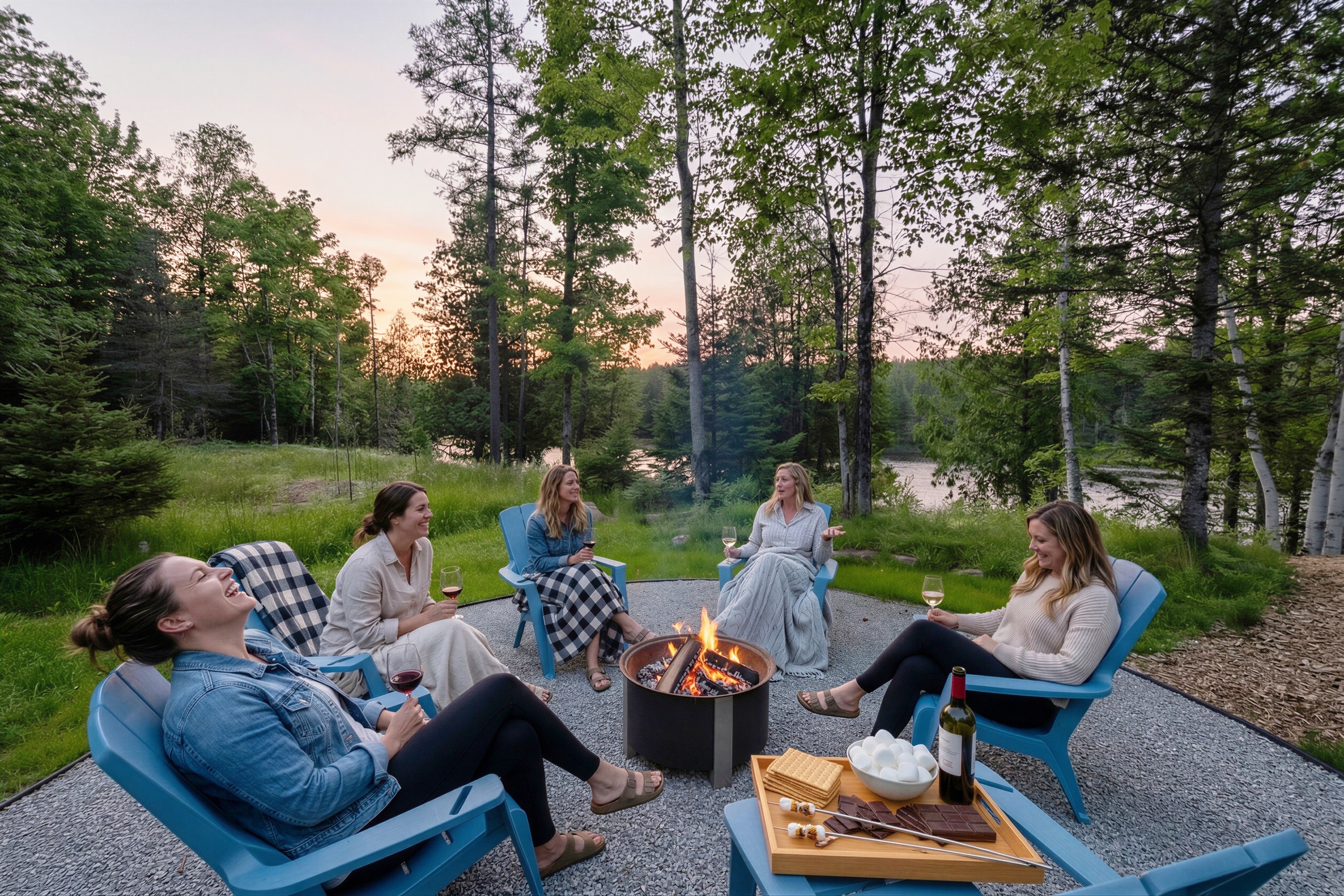 Friends gathered around a fire pit in the riverside woods