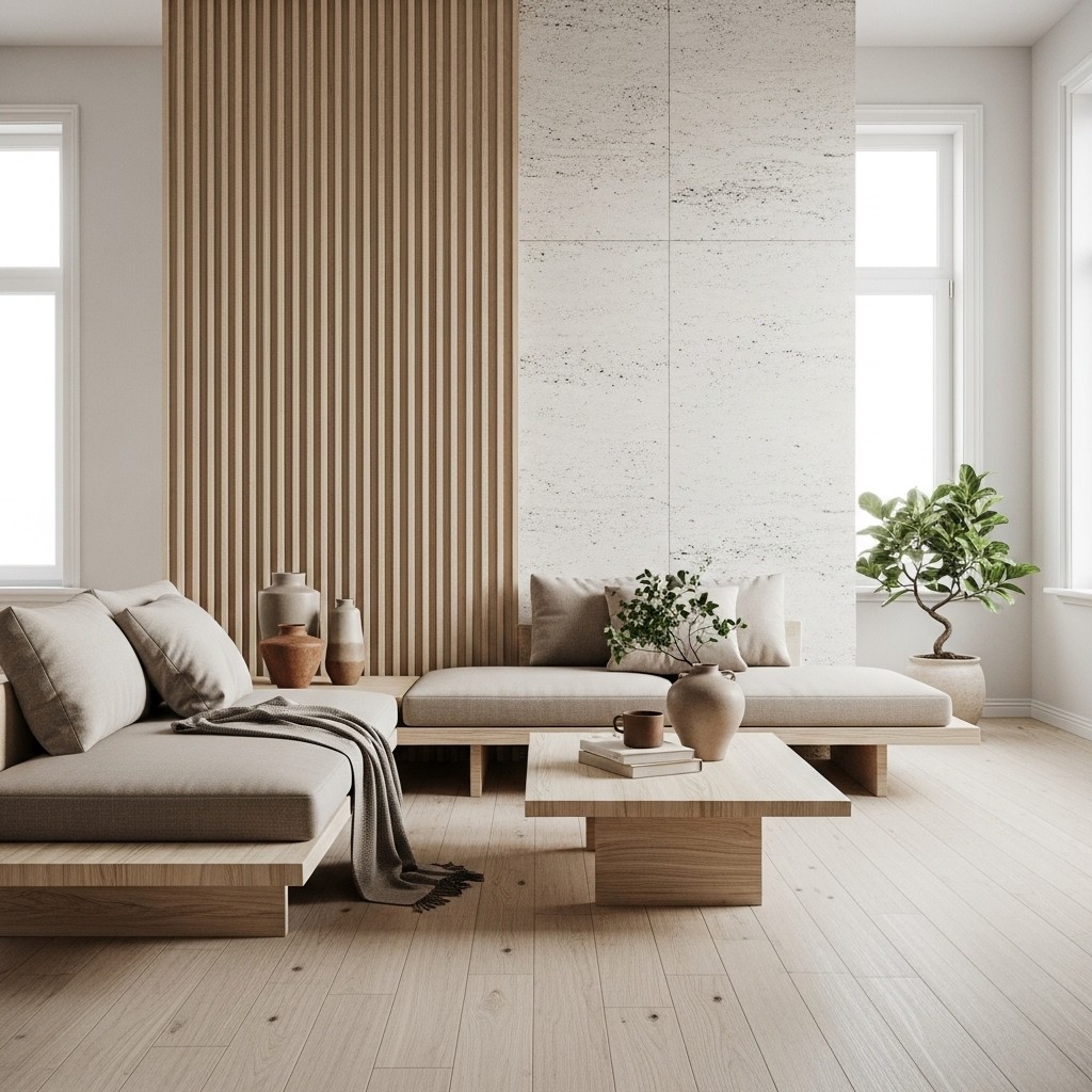 Japandi living room concept with light wood, stone accents, and calm minimal styling.