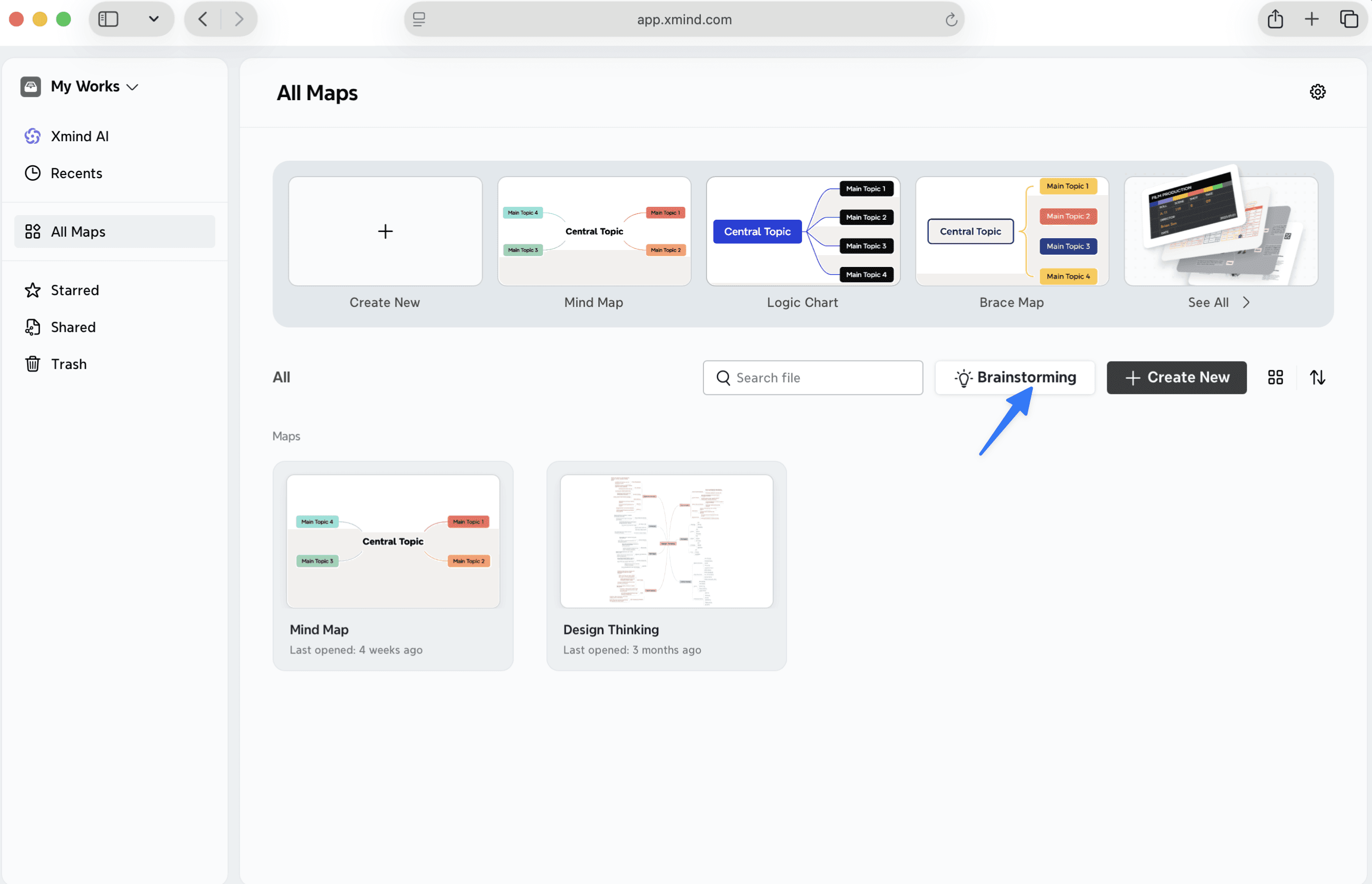 Brainstorming interface with mind map features