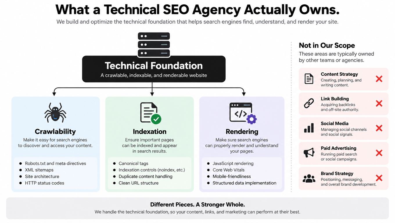 A diagram outlining the specific responsibilities of a technical SEO agency compared to other marketing services.