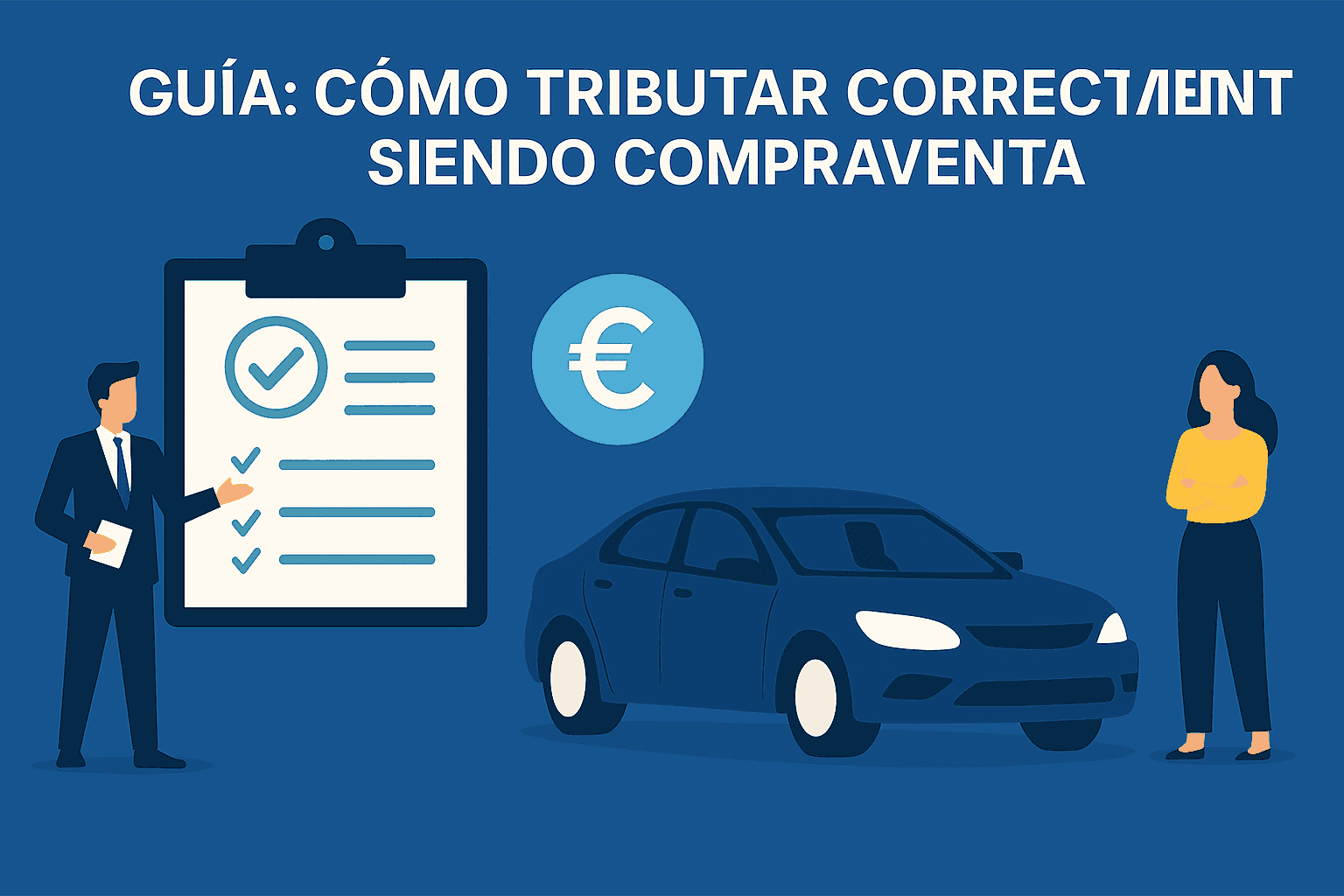 Guida fiscale per la vendita di auto. Include auto, simbolo dell’euro e checklist.
