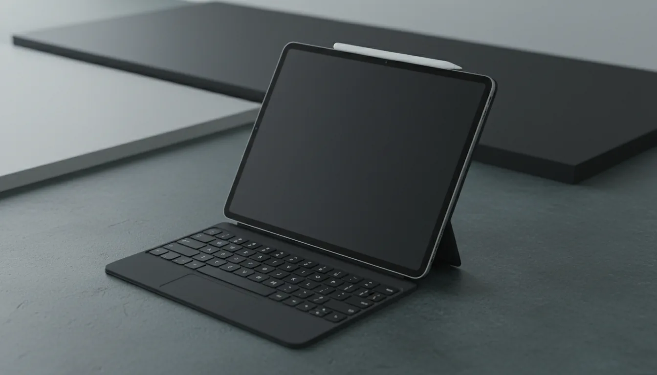 DSLR photography of a modern black iPad Pro with a Magic Keyboard, sitting open on a desk, viewed from a high-angle shot. A white Apple Pencil is magnetically attached to the top of the iPad. The device is in sharp focus, resting on a textured, dark gray-teal surface. The background is a clean, minimalist composition of neutral gray and black planes. The scene is illuminated by soft studio lighting, creating a professional and clean aesthetic with a shallow depth of field.