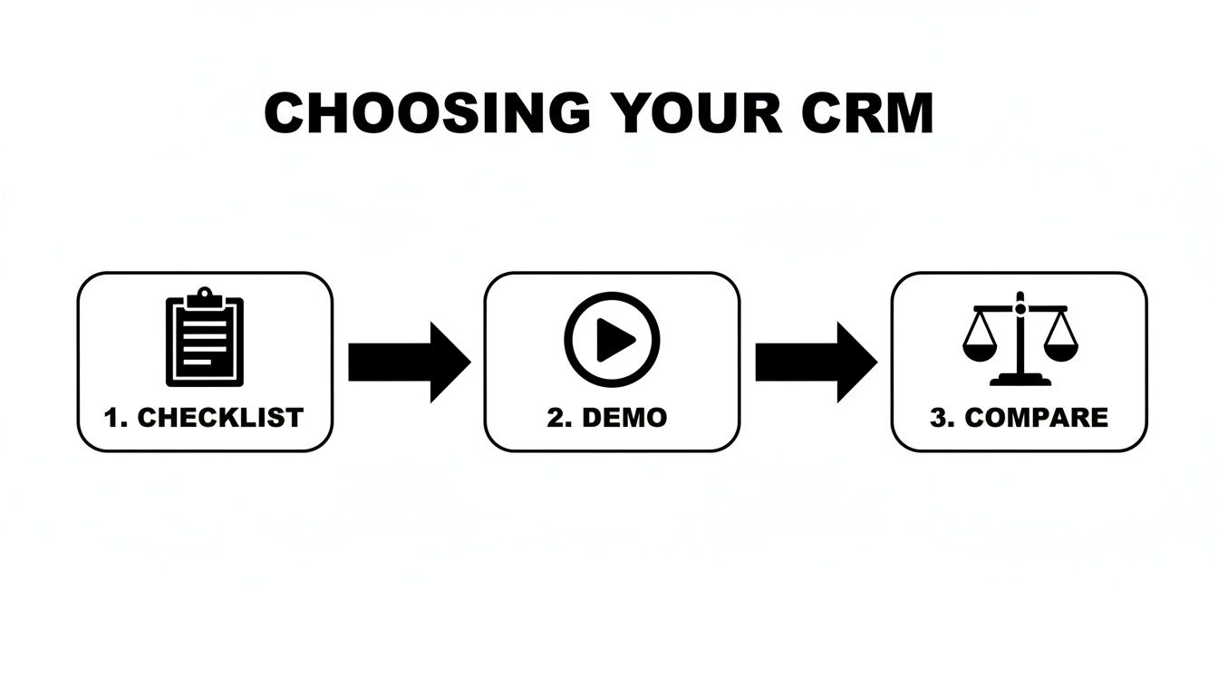 Flowchart showing three steps for choosing a CRM: 1. Checklist, 2. Demo, and 3. Compare.