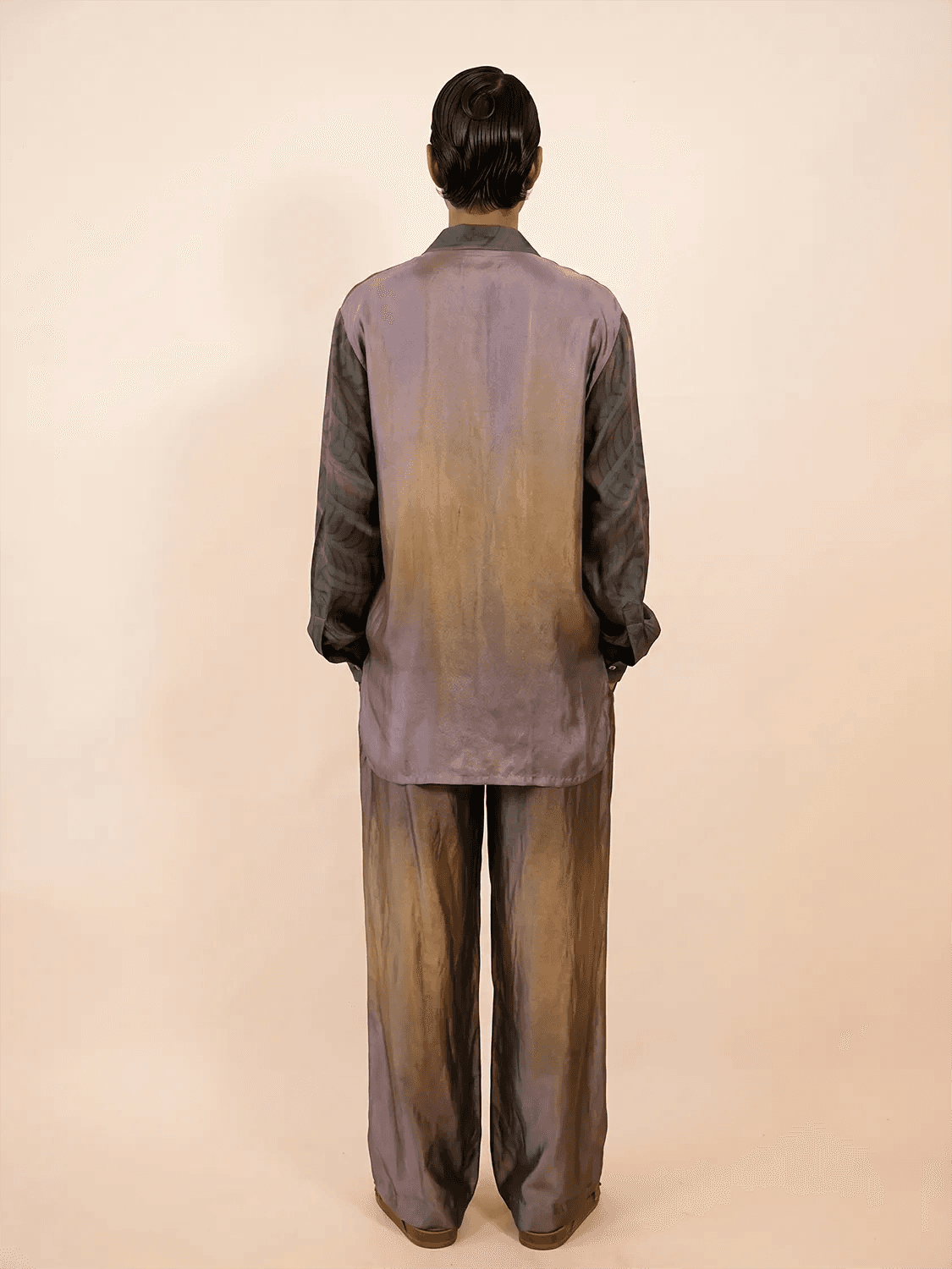 Amaya Shirt is a one of a kind piece, handcrafted in house from dark abstract printed pure silk. 