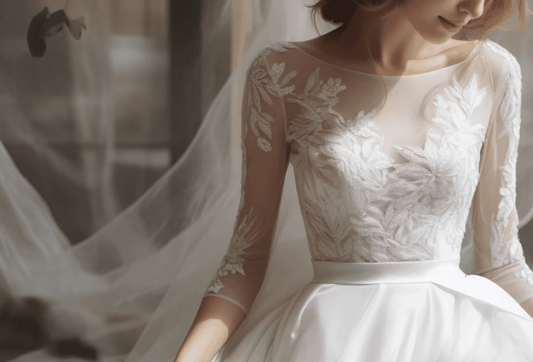 Bride in a white lace and satin gown.