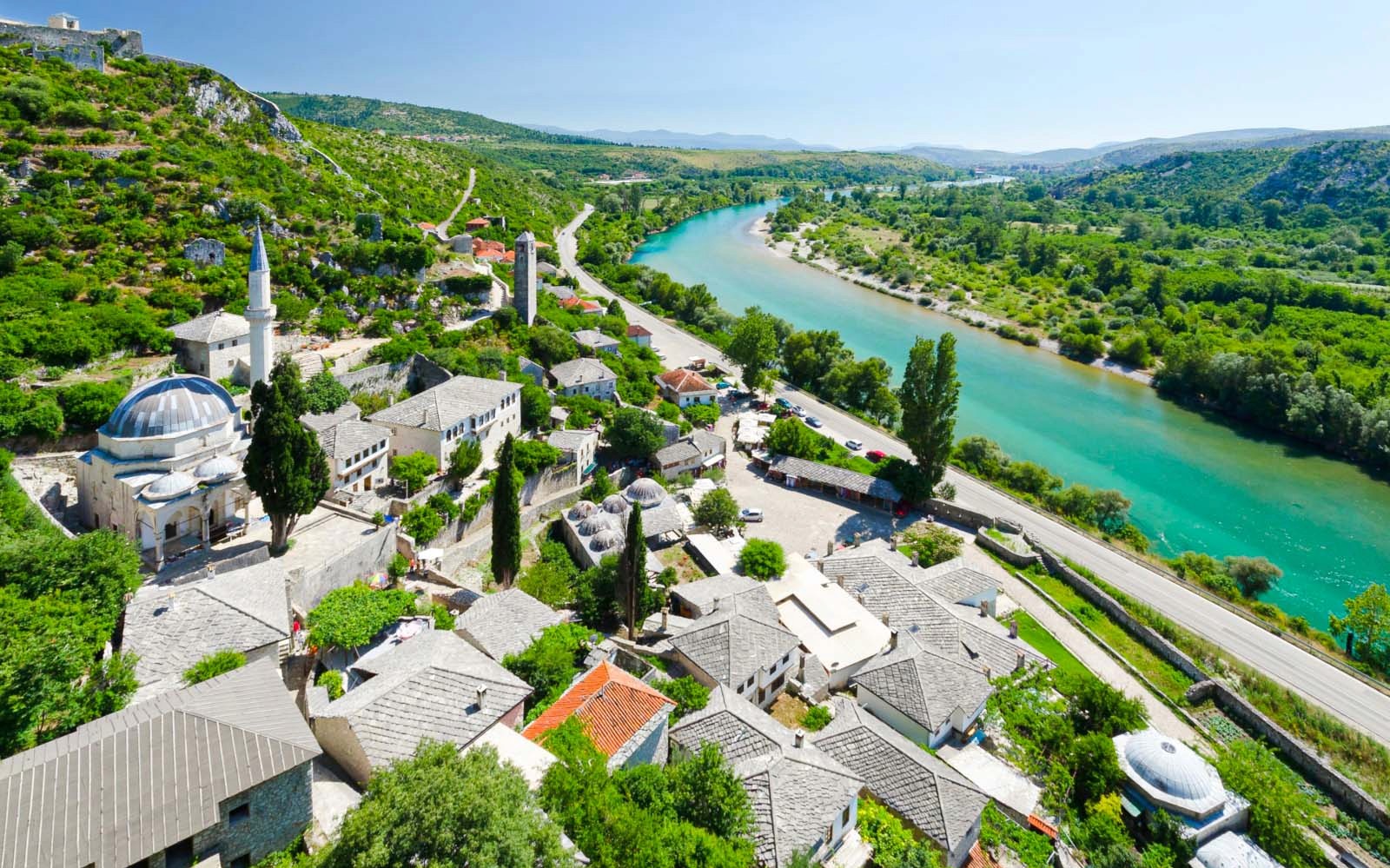 Aerial view of Mostar with Neretva River and historic buildings, Bosnia and Herzegovina.