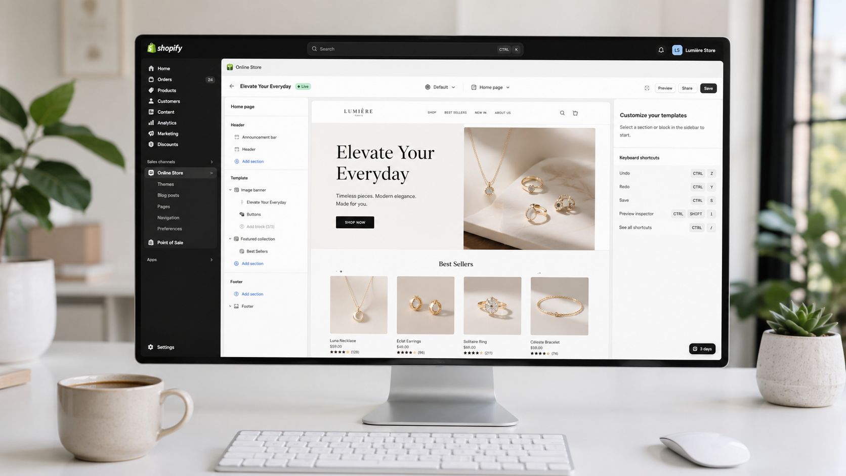 A professional computer monitor displaying the Shopify online store customization interface for a jewelry brand website.