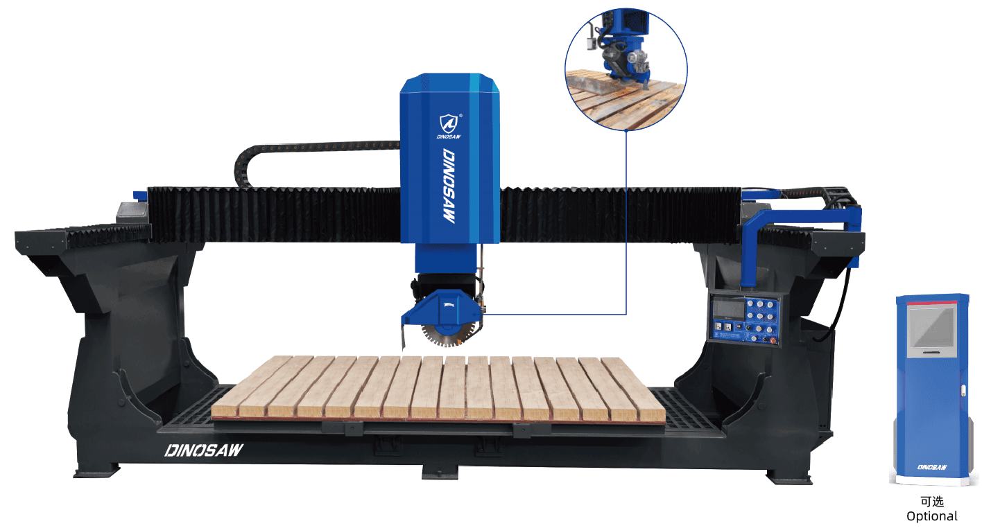 A Dinosaw Mono-block Bridge Cutting Machine designed for precision cutting of granite and marble slabs, featuring a PLC system and an ultra-high precision rotary encoder.