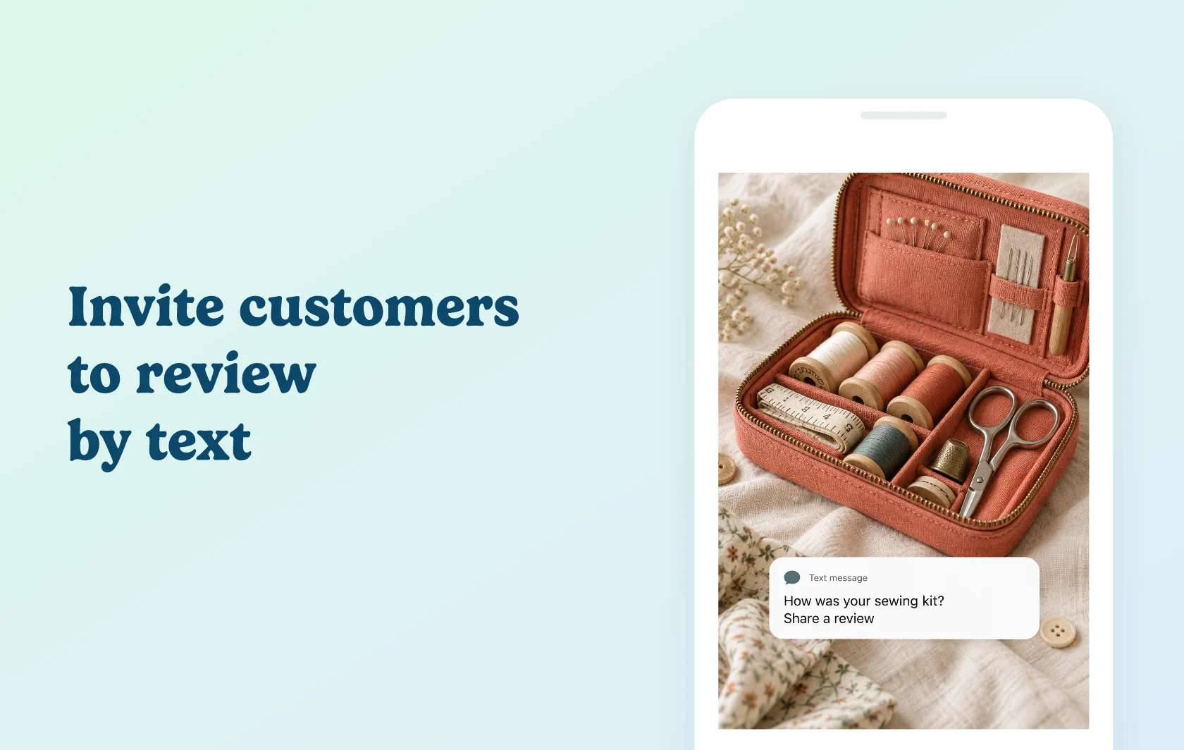 Judge.me and ConvertWay integration: illustration of an SMS review invitation over a sewing-kit product scene inside a phone.