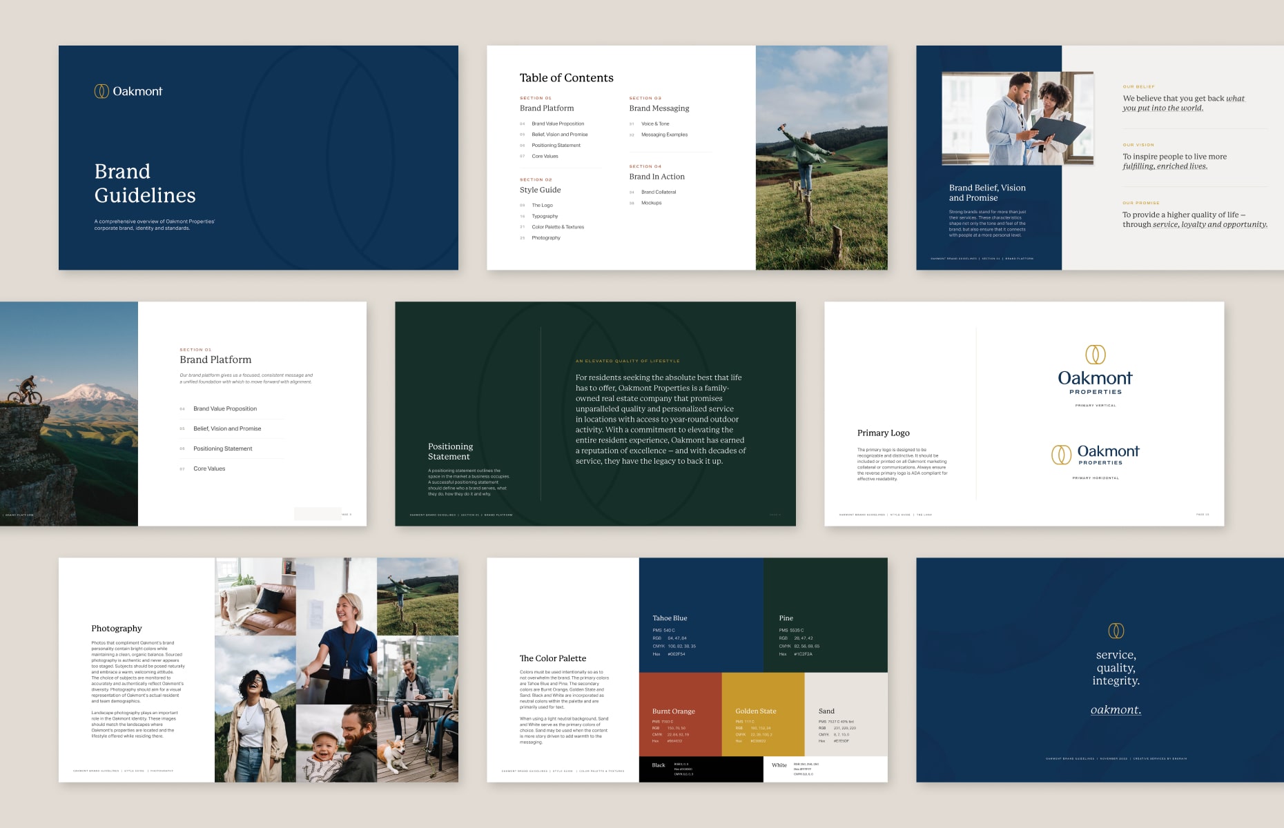 Collection of various pages of the Oakmont brand standards guide.