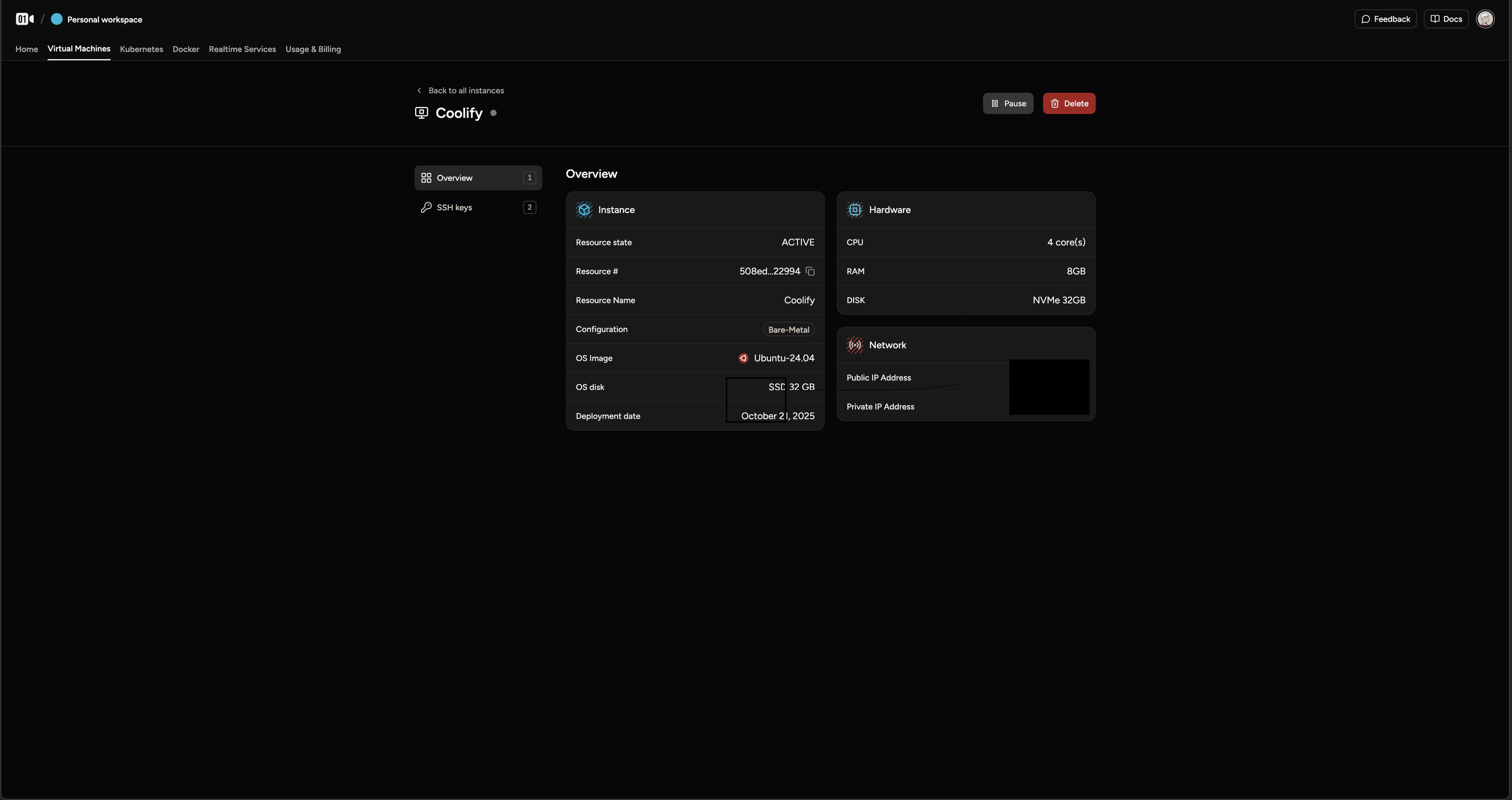 Huddle01 Cloud Dashboard running virtual machine page screenshot