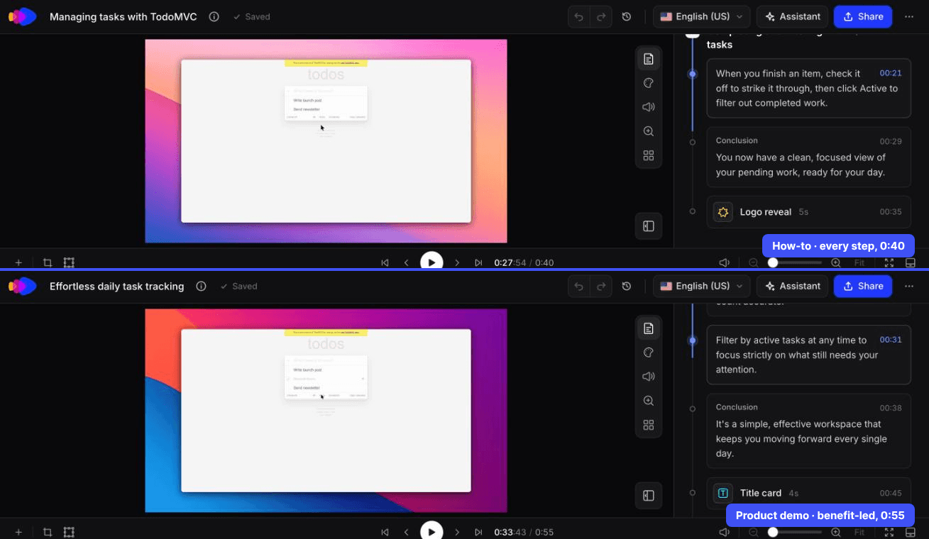 The same AI recording in two editors: a 0:40 how-to with every step, and a 0:55 benefit-led product demo