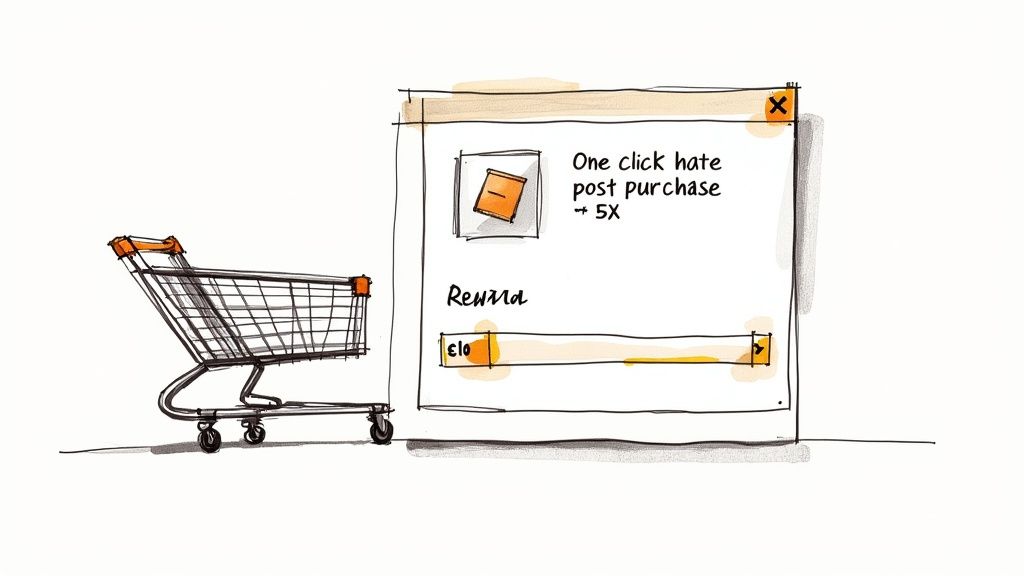 A smartphone showing an in-cart upsell suggestion, like adding batteries for a recently added electronic toy.