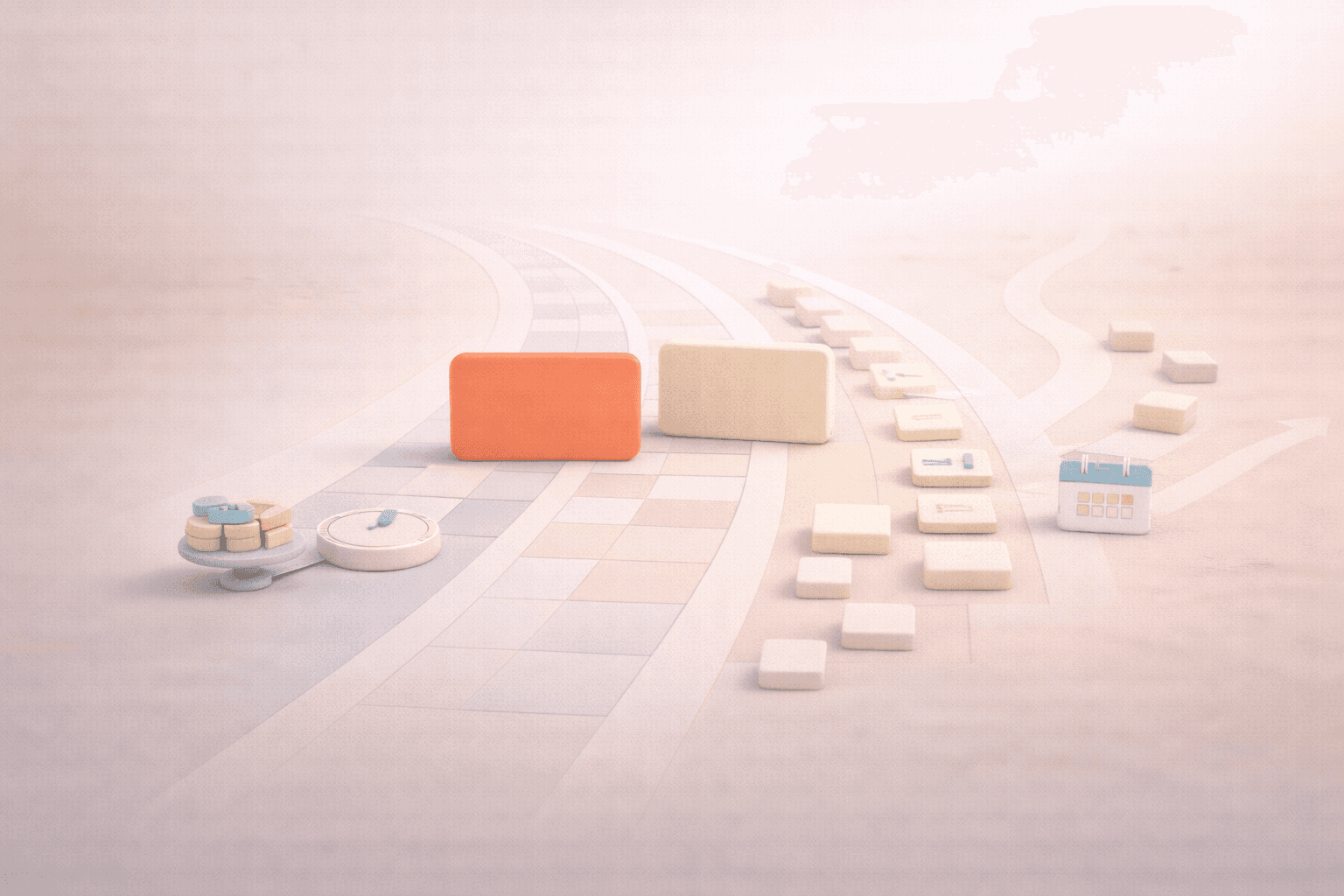 Minimalistische 3D-Illustration einer korallfarbenen Fokuskarte auf einem klar strukturierten Kalenderpfad mit geordneten Zeitblöcken, während mehrere hellere alternative Pfade seitlich abzweigen; ergänzt durch dezente Symbole wie Timer, Kalender und Wertanzeige, die verschiedene Ansätze von manuellem, geführtem und automatisiertem Time Blocking darstellen.