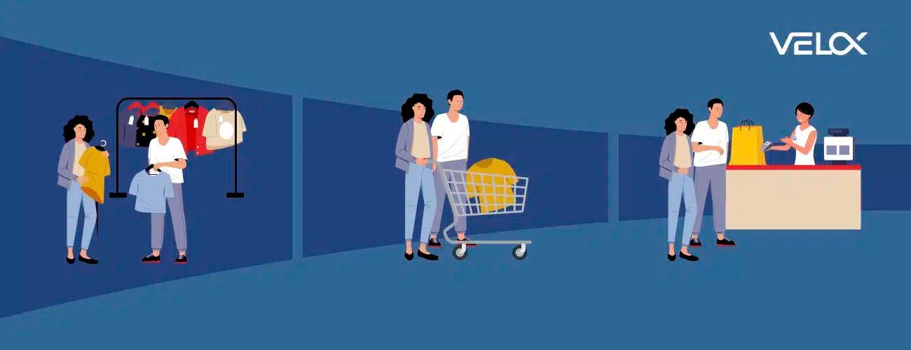 A graphic displaying characters waiting with their carts at a checkout stand