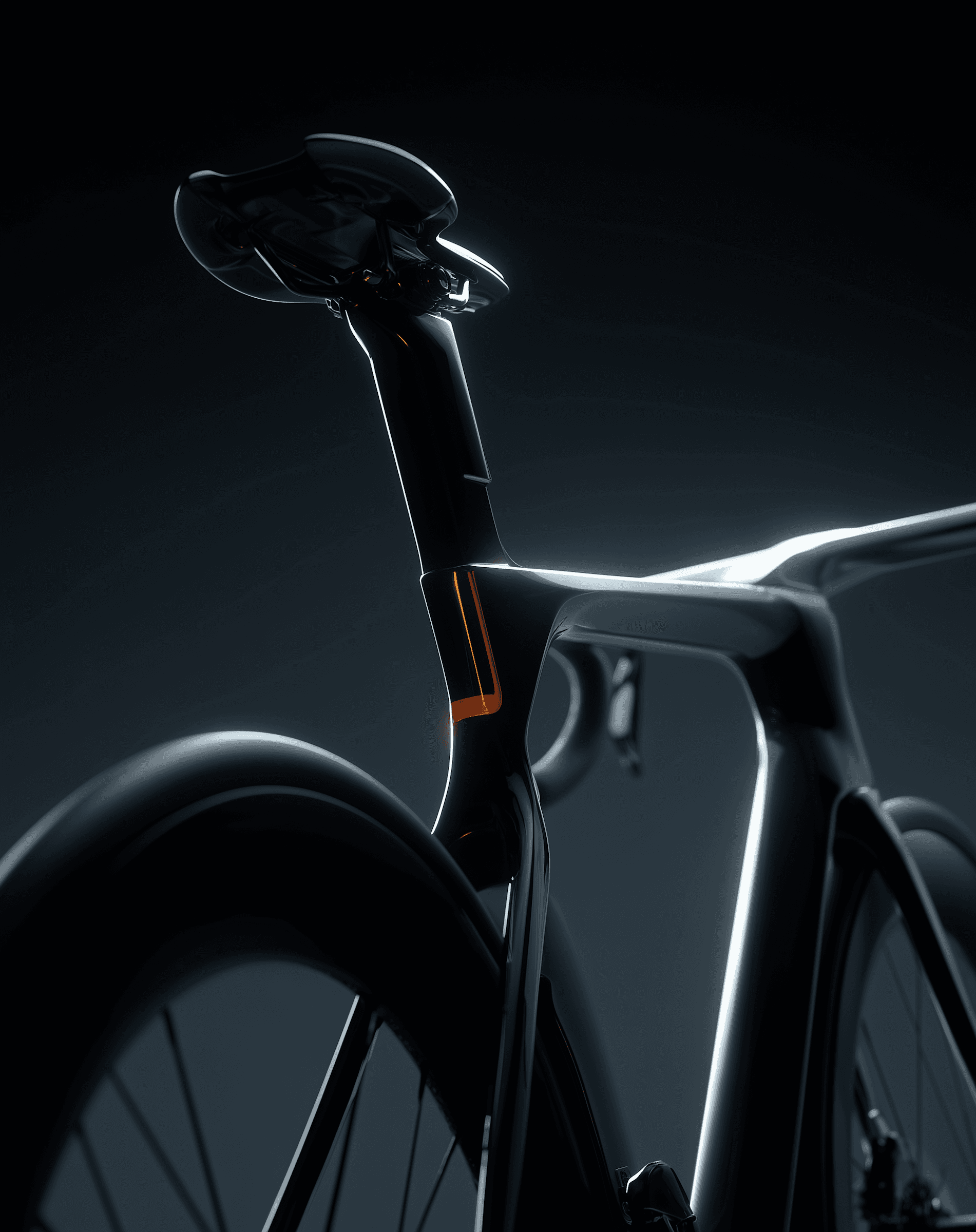 Professional carbon racing bike presentation with sleek typography and grid layout.