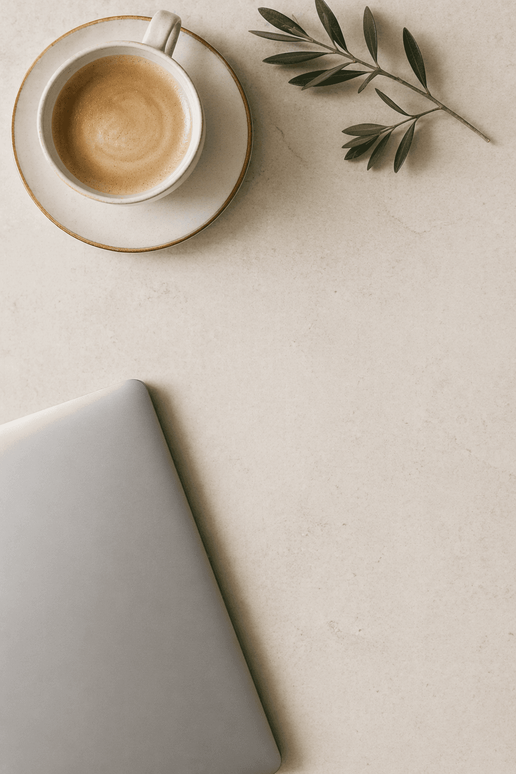 Overhead shot of coffee cup, olive branch, and laptop on a textured surface.