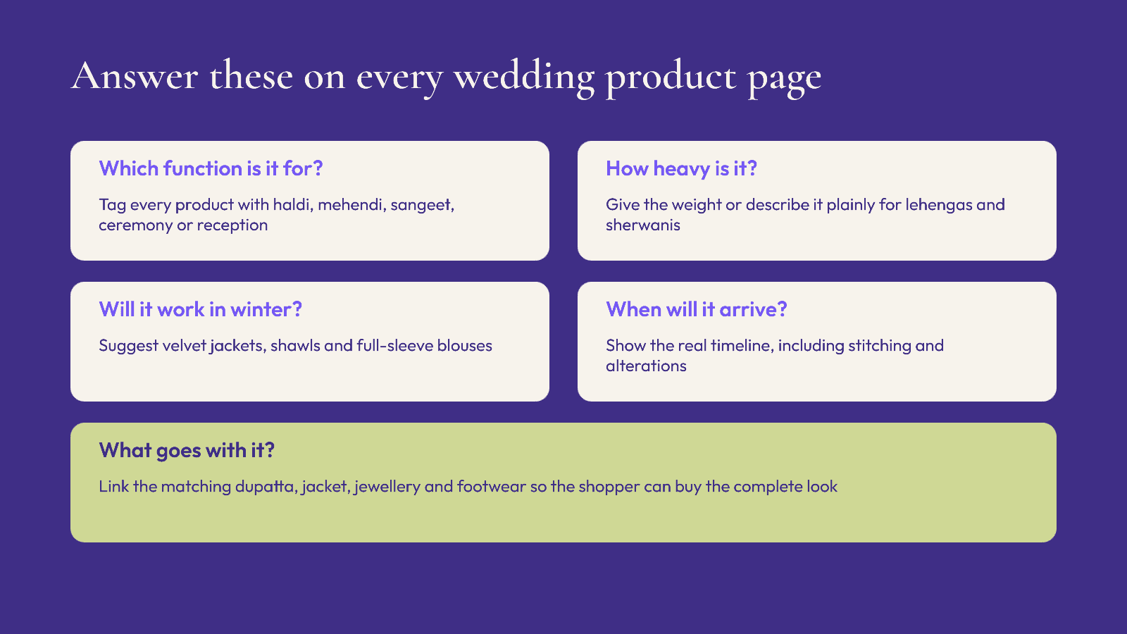 Five questions every wedding product page should answer: which function, how heavy, winter suitability, delivery including alterations, and what goes with it