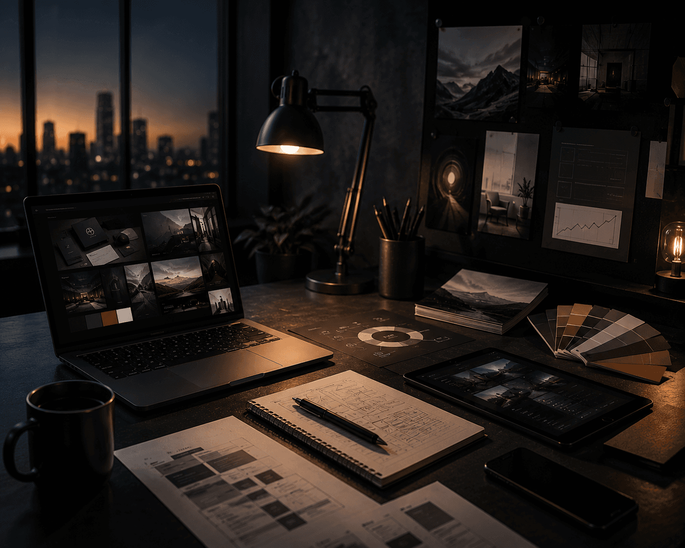 A dimly lit, modern home office with a warm, moody ambiance features a laptop displaying a photo gallery, a tablet, and a smartphone, surrounded by sketchpads, pens, and a color palette, with a cityscape visible through the windows at dusk.