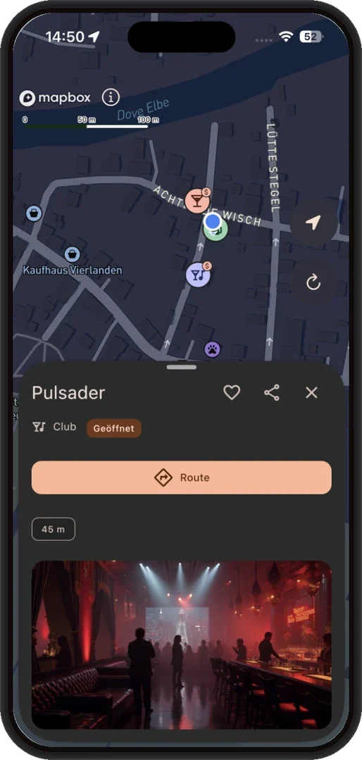 tapanu App: Karte mit geöffnetem Ortsprofil eines Clubs, mit Foto und Route