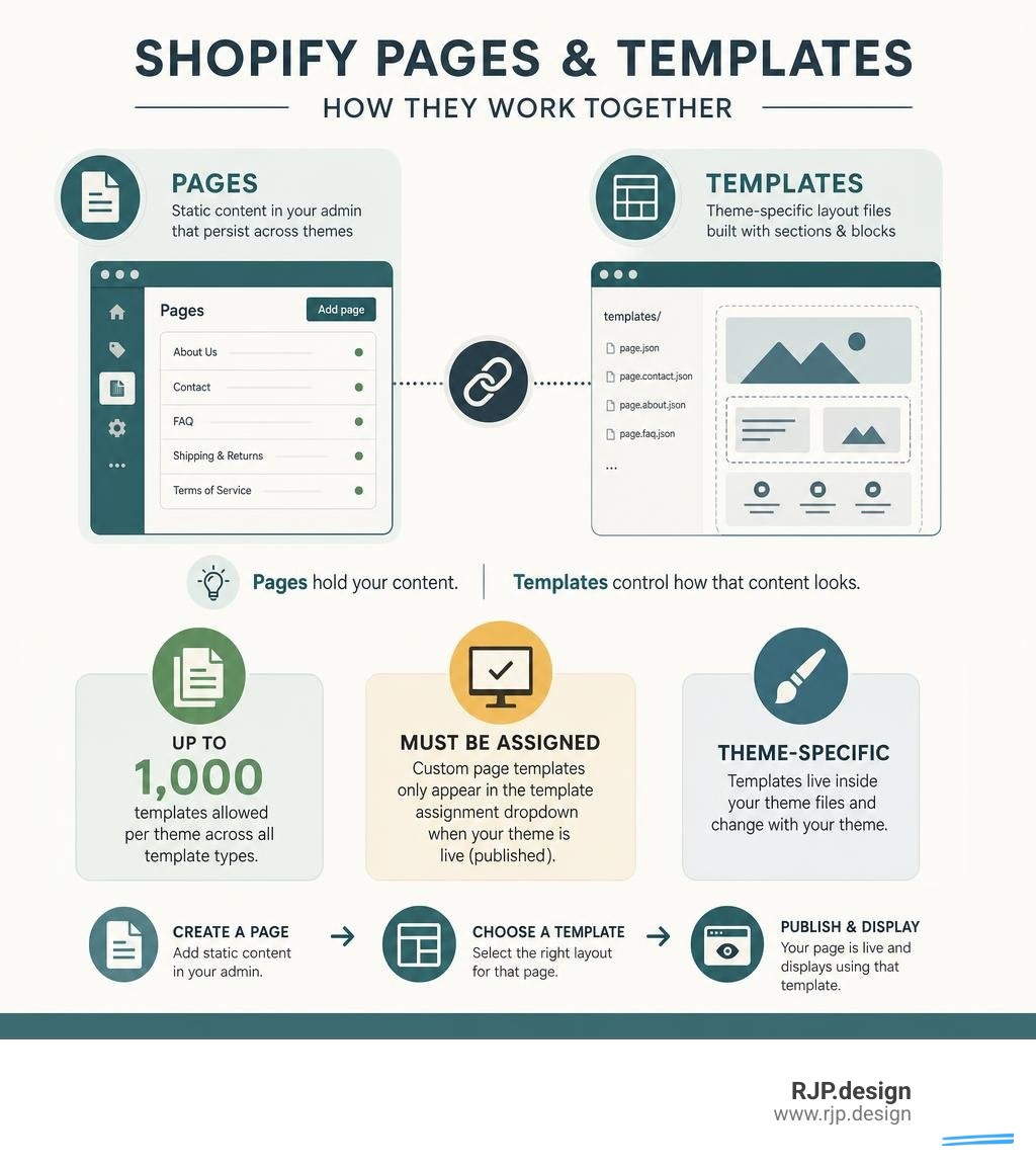 Infographic showing the relationship between Shopify Pages and Templates: Pages are static admin content that persist across