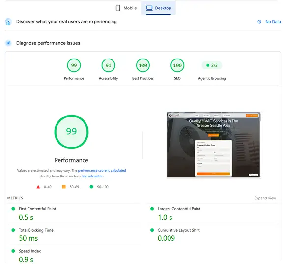 Page speed insights showing high scores for a wbsite we built