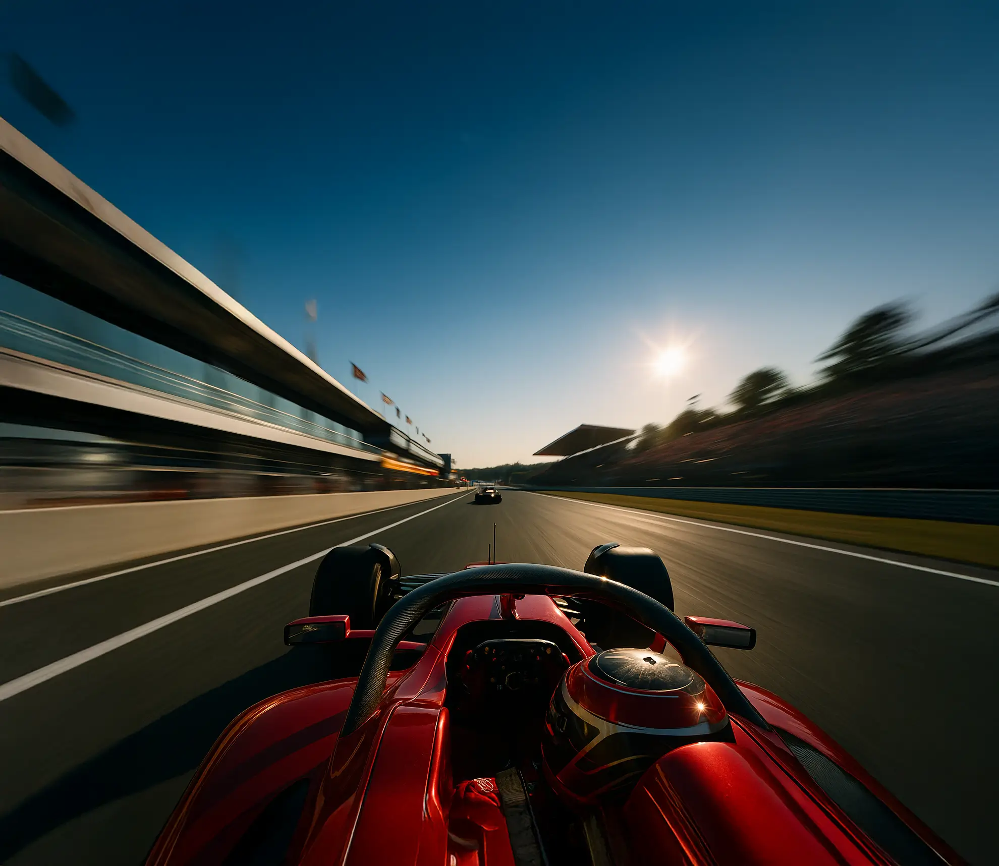 A red Formula 1 car speeds down a racetrack at sunset, with blurred grandstands and another car visible ahead under a clear blue sky.