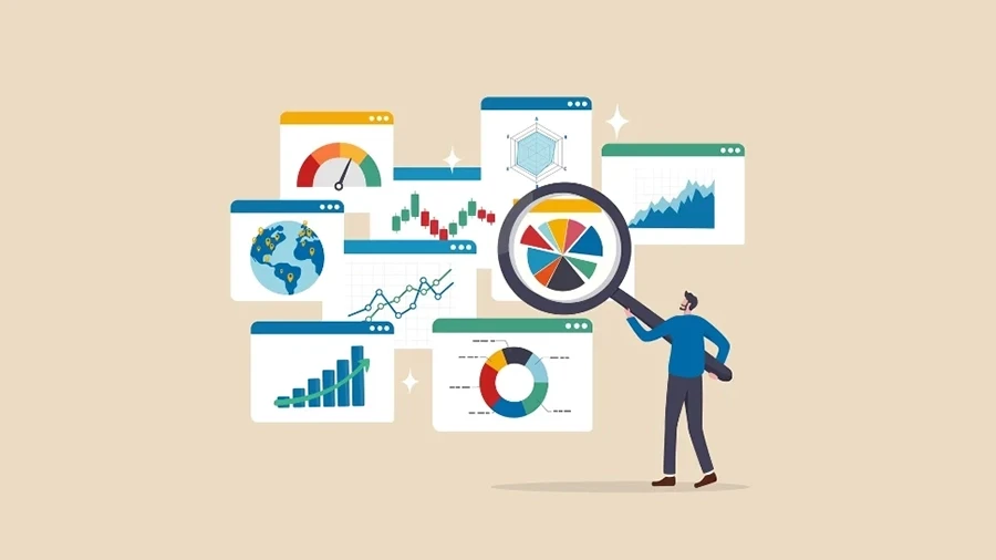 Illustration of a person using a magnifying glass to examine colorful charts, graphs, and data visualizations.