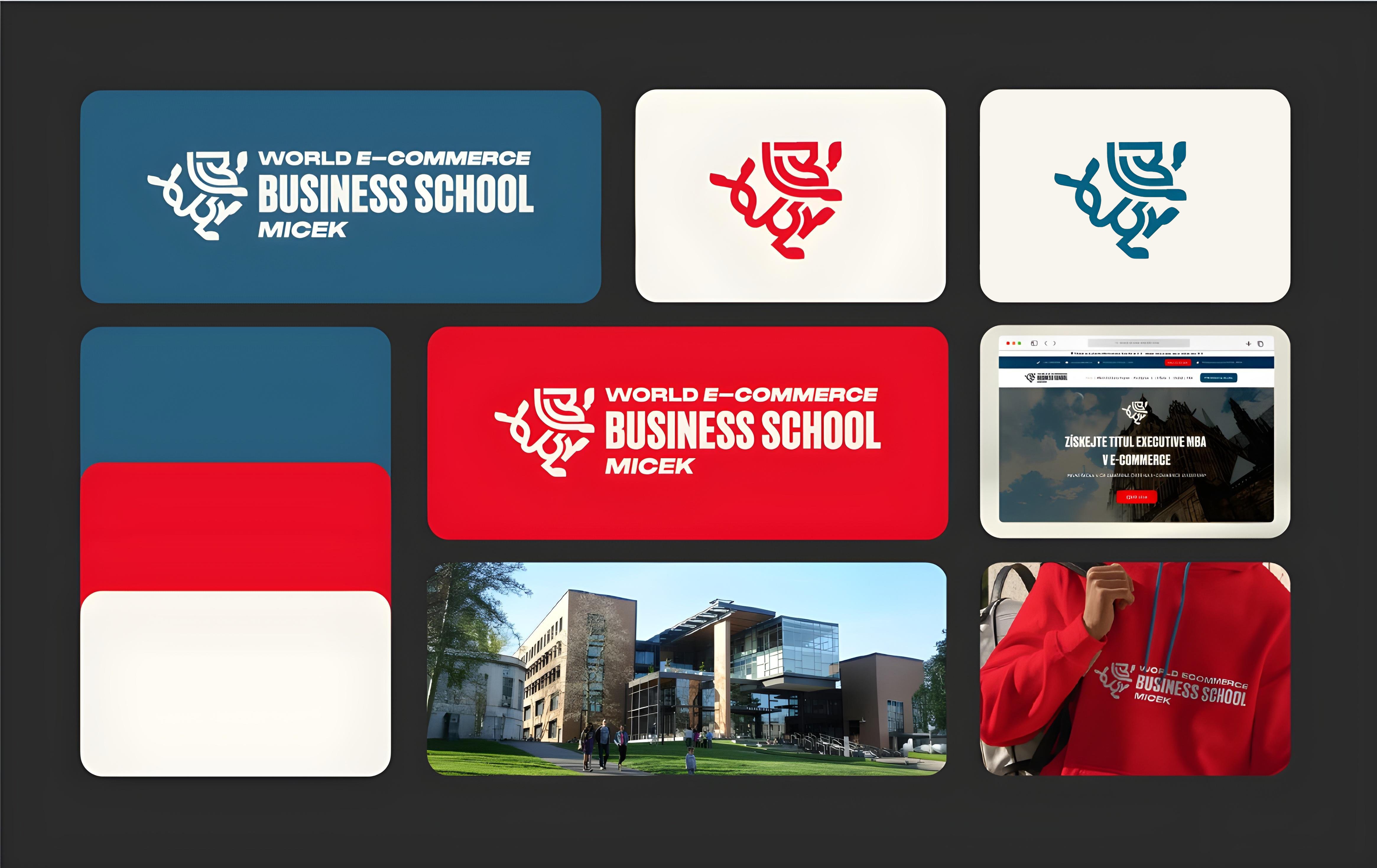 Prezentace vizuální identity World E-commerce Business School Míček. Banner ukazuje různé barevné varianty loga, podklady značky, ukázku webové stránky, budovy školy a merchandising s potiskem loga.