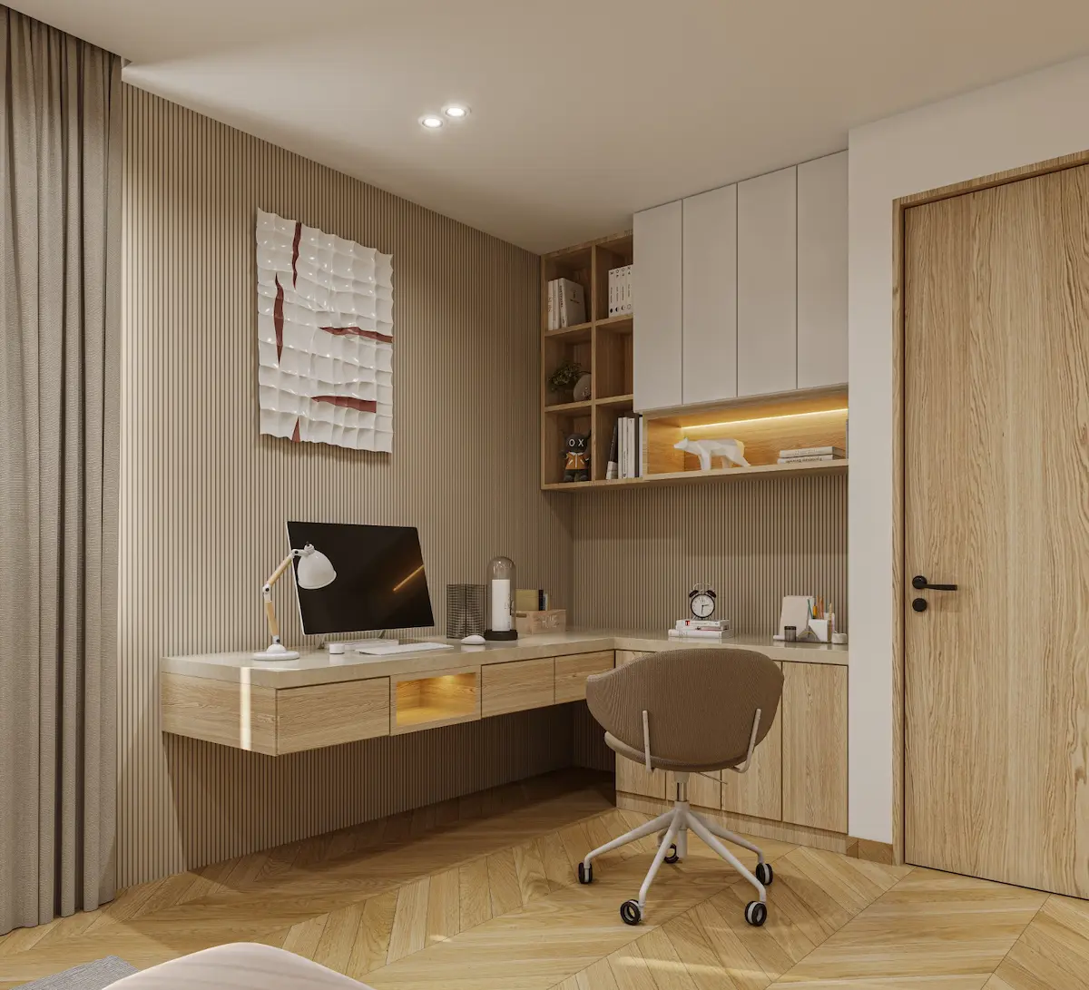 Compact kitchen nook with neutral palette, open shelves, and matte fixtures.