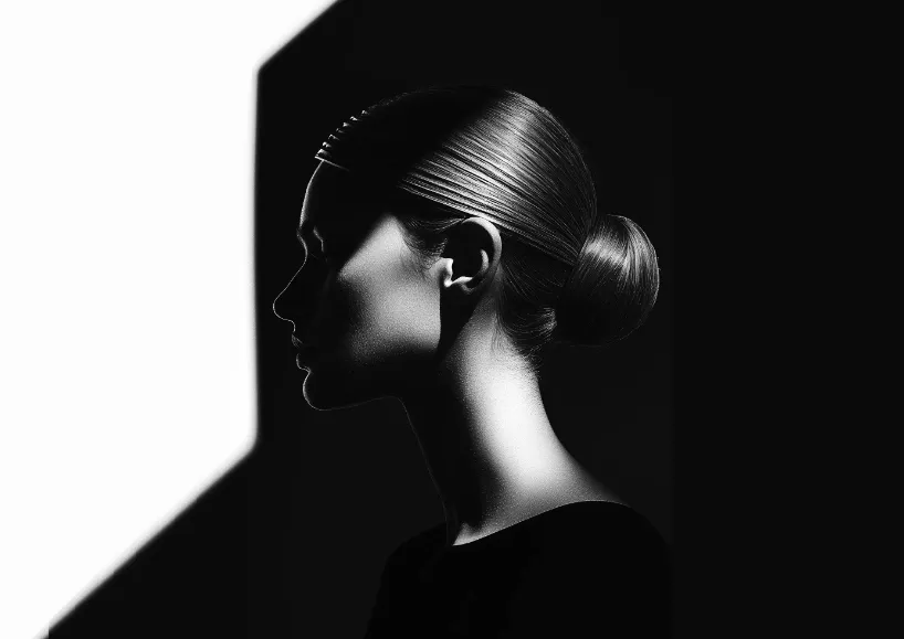  Elegant Profile Portrait Minimalist black-and-white profile portrait of a woman with sleek hair in a bun, dramatic lighting