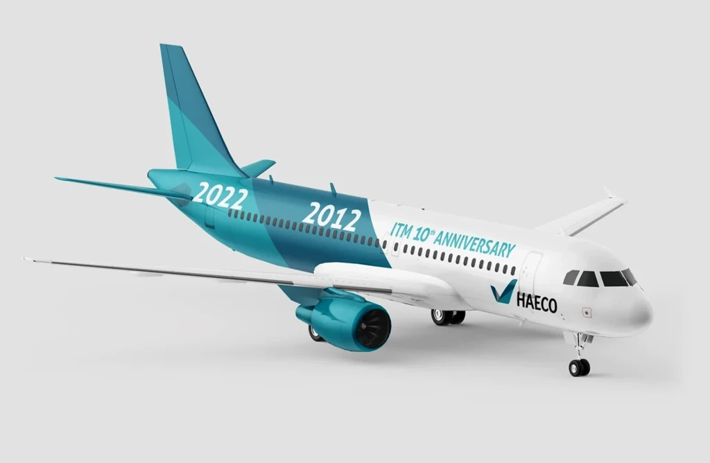 HAECO visual identity – minimalist aircraft silhouette logo in blue-green tones, symbolising precision in aircraft engineering by Teatime Studio.