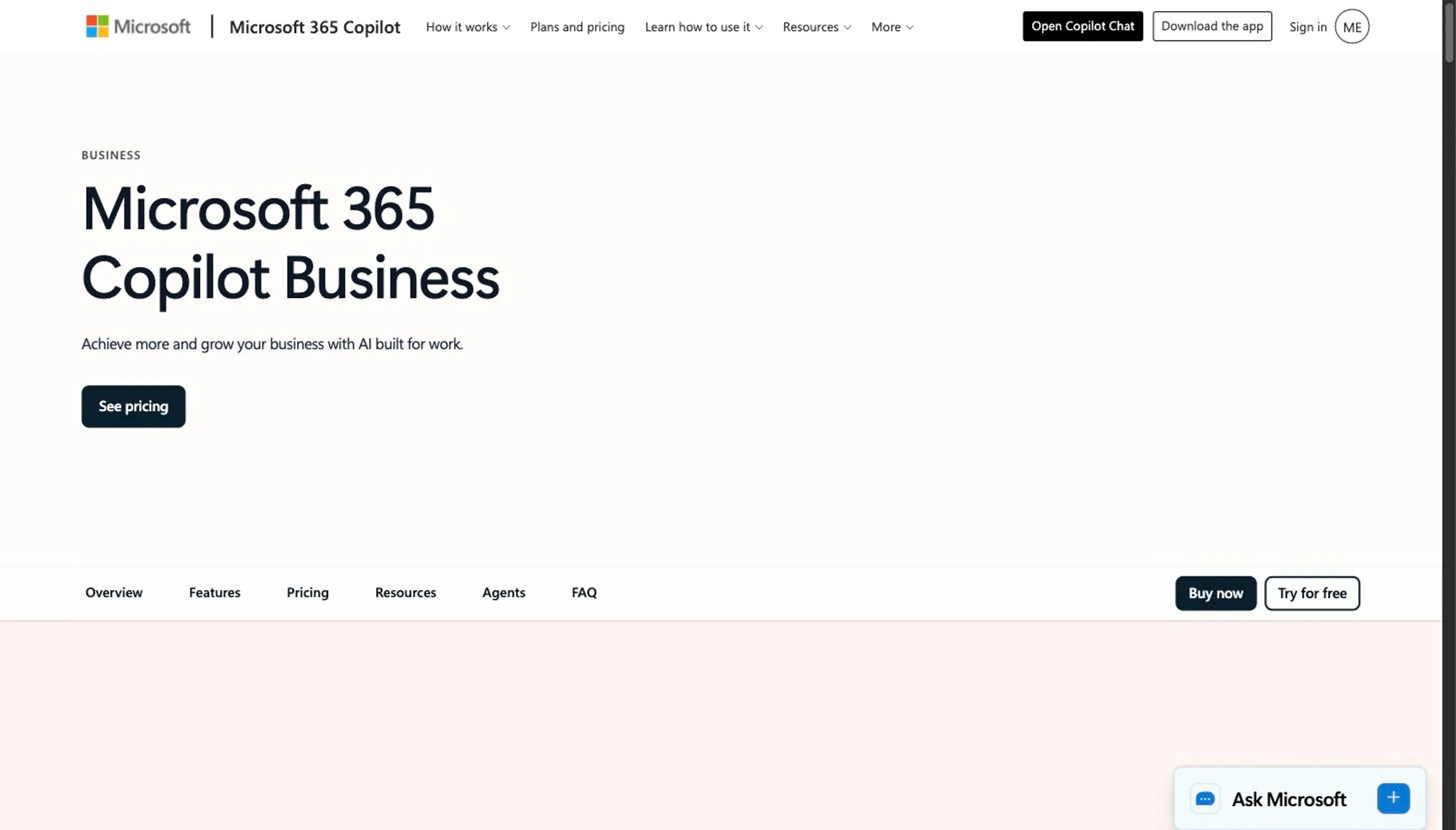 The Microsoft 365 Copilot Business product page