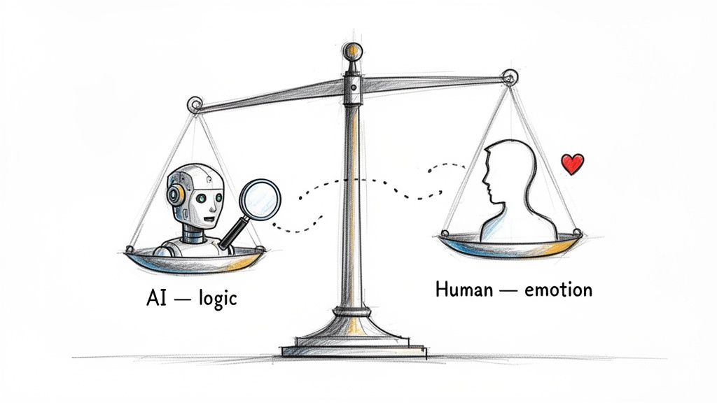 A balance scale shows a robot representing AI and logic on one side, and a human with a heart for emotion on the other.