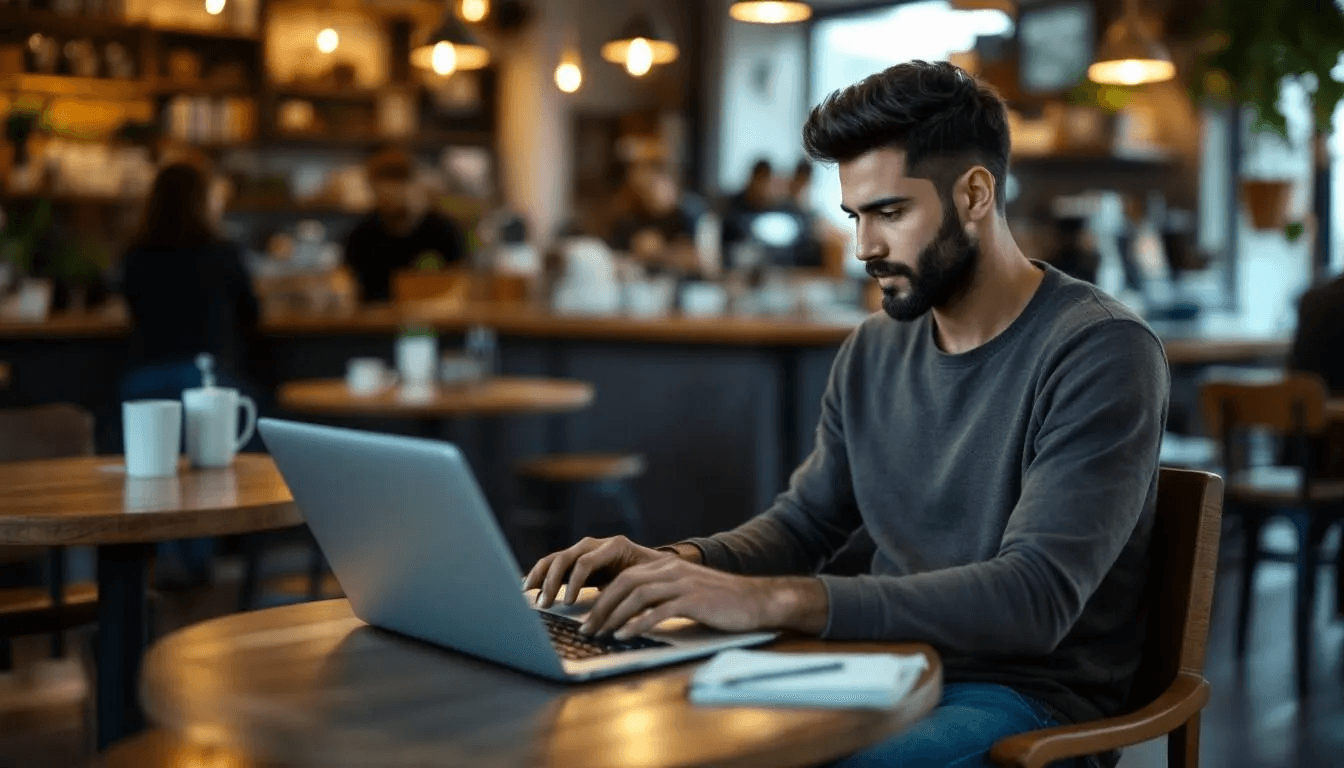 A person is sitting in a coffee shop using a laptop, with a VPN connection symbol displayed on the screen, emphasizing the importance of securing their digital life and protecting their crypto assets from online threats. The scene highlights the need for strong passwords and secure connections when managing crypto wallets and transactions.