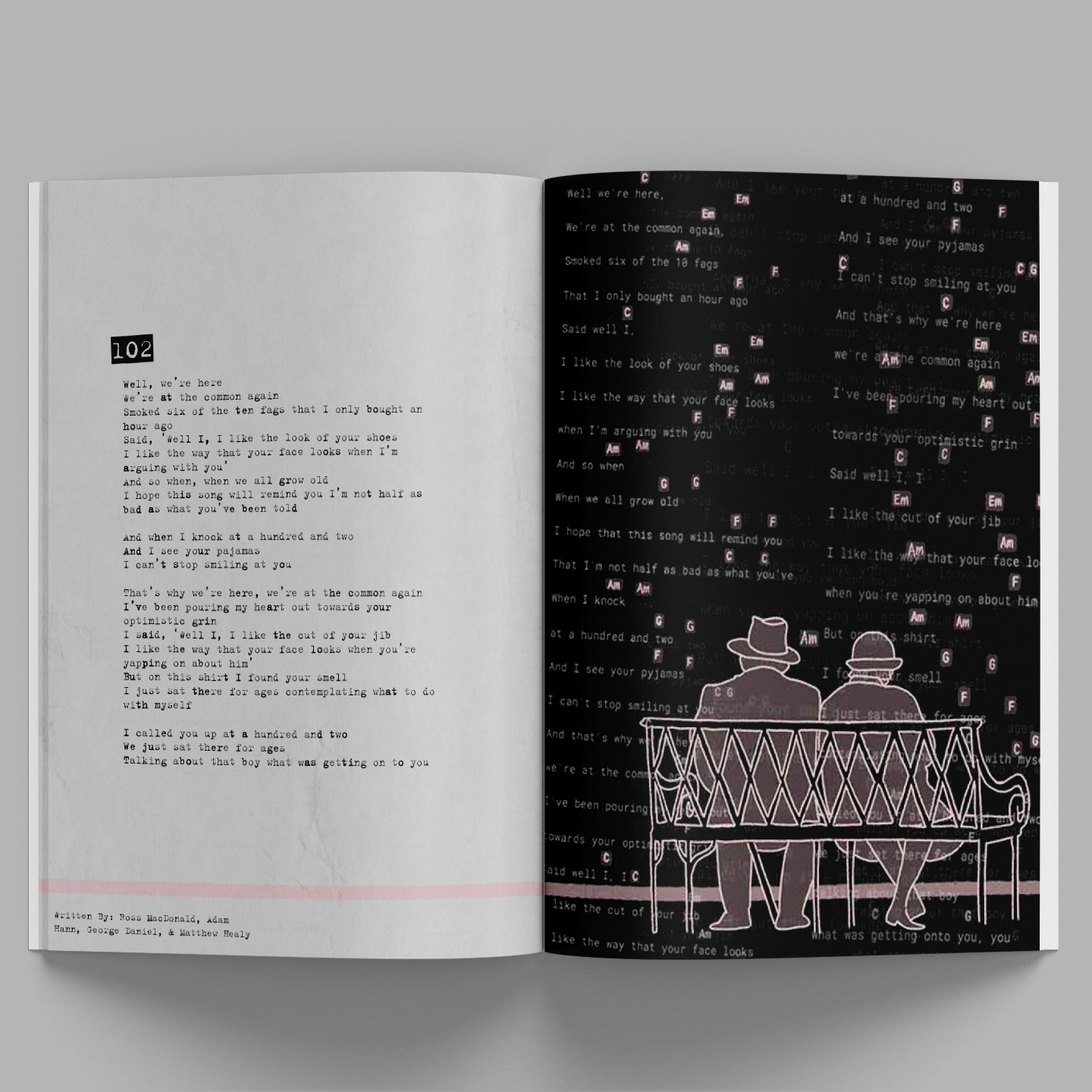 magazine with black and pink design laying on grey background, illustration of people sitting on a bench