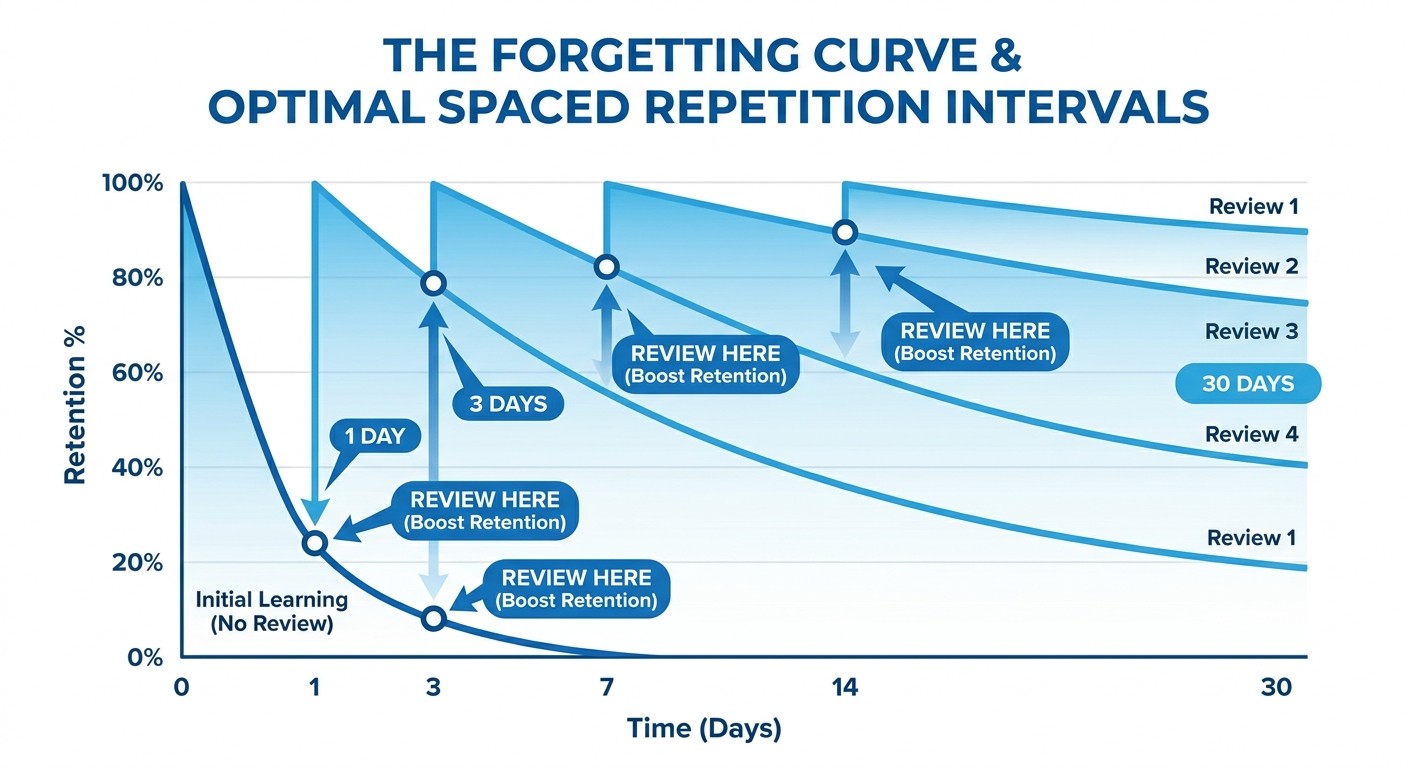 Optimal spaced repetition intervals for medical exam preparation - forgetting curve with review timing