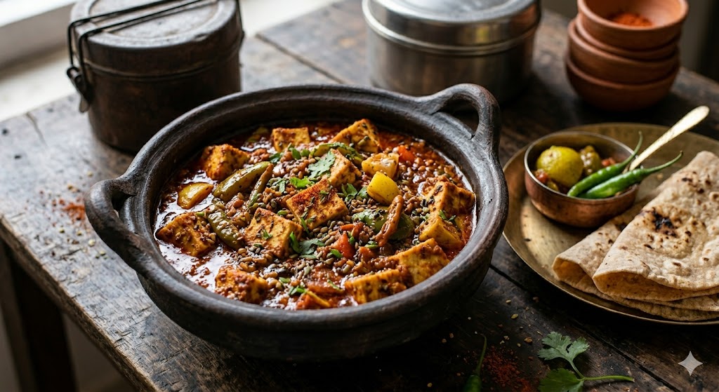 A bowl of rich, tangy Achari Tofu Tikka Masala, a unique Indian curry flavored with pickling spices like mustard seeds and fenugreek. The dish features golden seared tofu cubes and a medley of pickled vegetables like raw mango and whole green chilies, served in a rustic clay handi on a weathered wooden table. Soft natural light highlights the deep red-orange gravy and the textures of the spices and seared tofu. Folding Roti flatbread and small condiment bowls sit alongside.