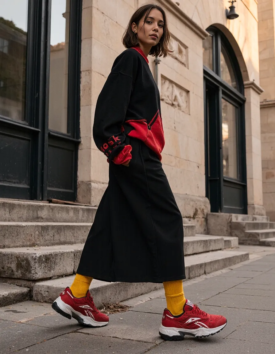 Fashion forward street style featuring black oversized outfit with vibrant red sneakers and yellow socks against classic stone architecture