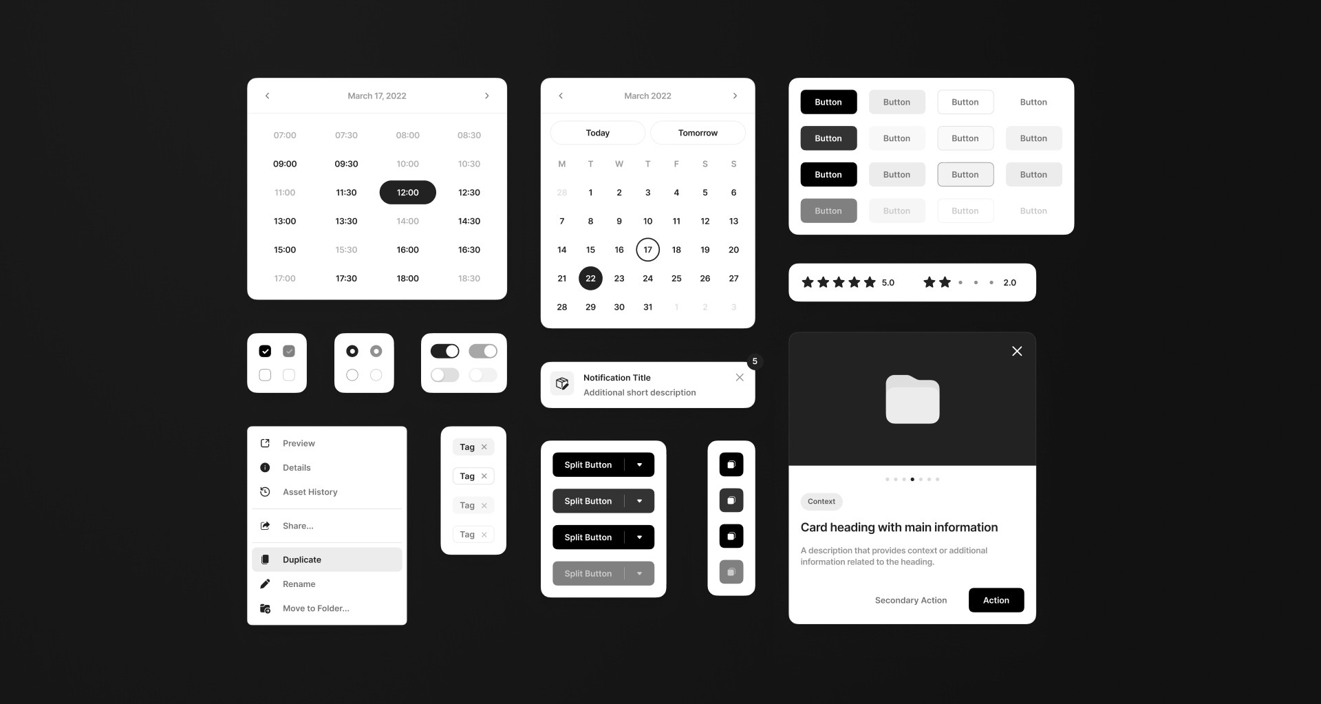 Design system components in black.