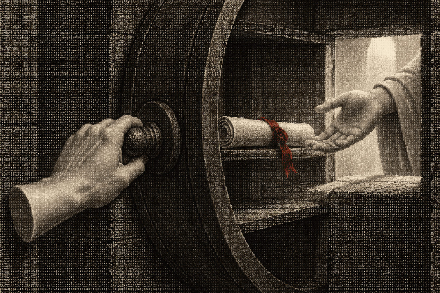 A marble hand turning a revolving wheel in a convent wall to pass a scroll tied with a red ribbon to a second hand on the other side