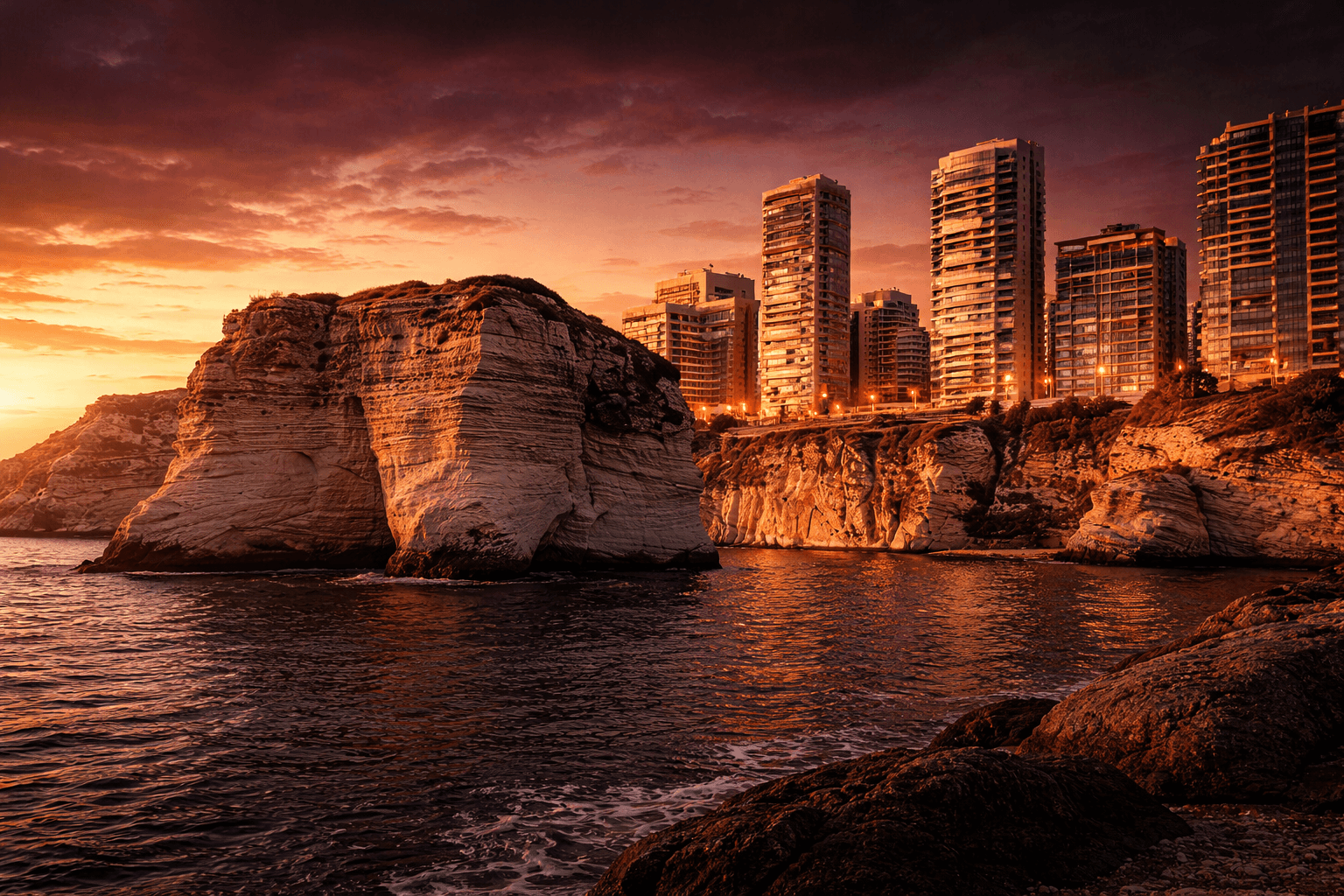 Digital marketing agency in Beirut Lebanon represented by Raouche skyline at sunset