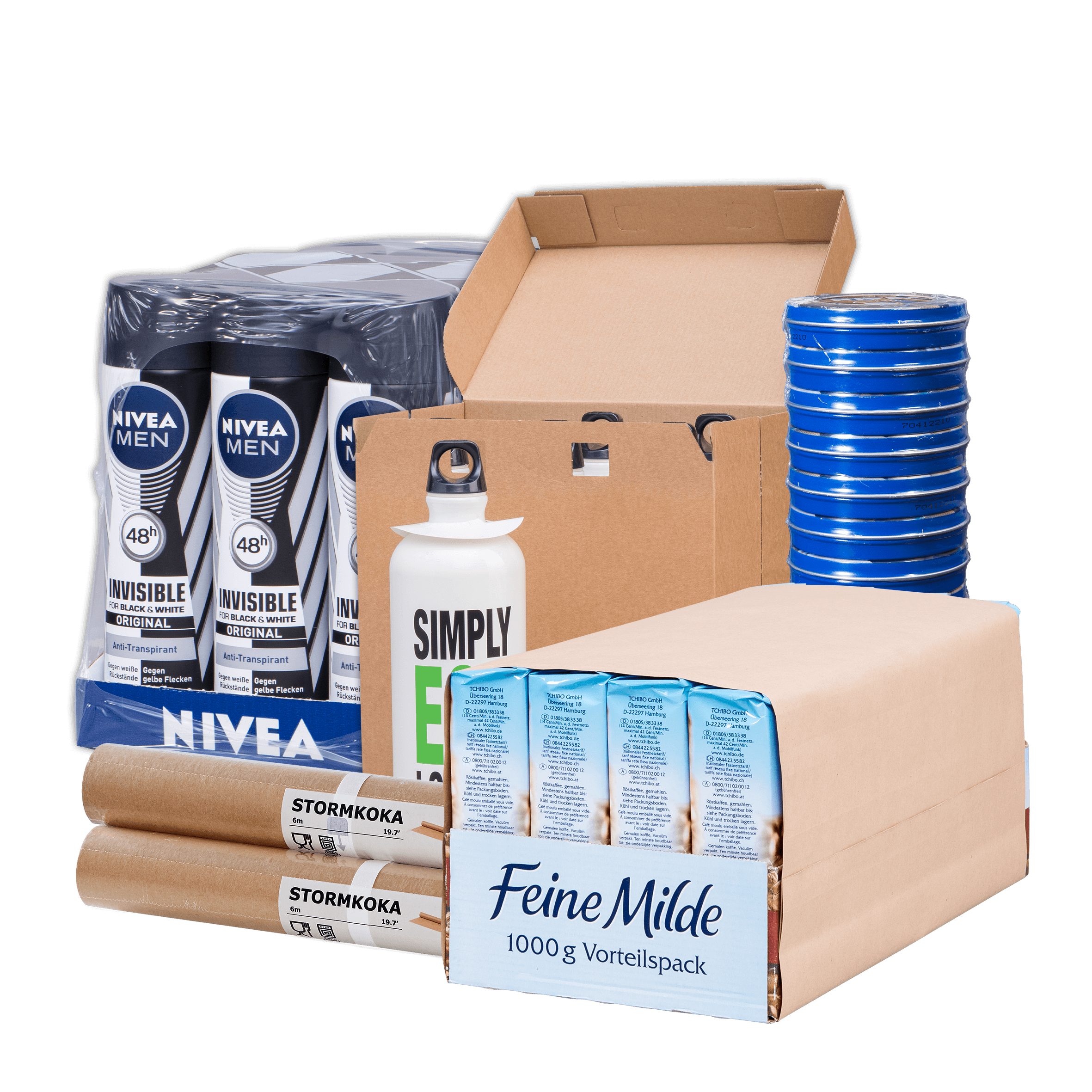 Produktpaket mit Deodorant, Milch, Papierrollen und mehr auf schwarzem Hintergrund. Einkaufskorb