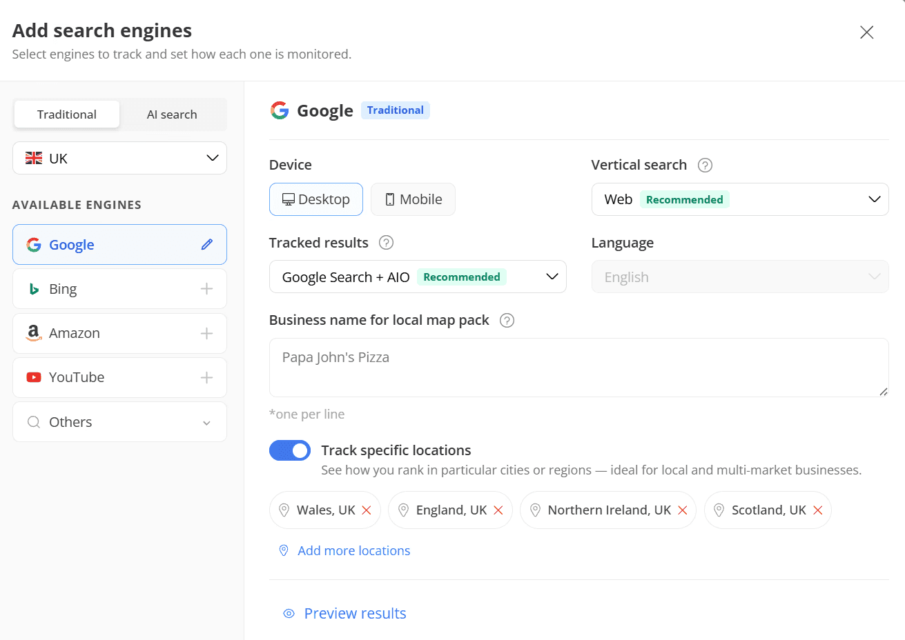 AWR Add search engines dialog with Google UK selected and Track specific locations enabled, showing England, Scotland, Wales and Northern Ireland as tracked regions