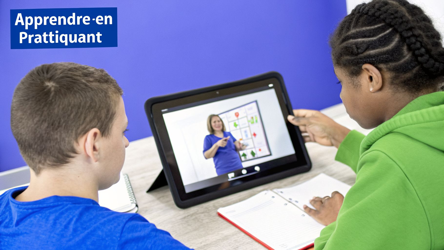 Deux élèves, un garçon et une fille, étudient avec une tablette affichant une professeure. Ils apprennent en pratiquant.